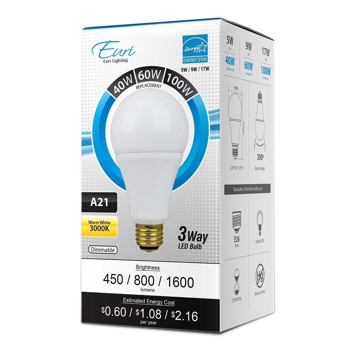 A21 Led Bulb 17 Watt Dimmable 100w Equiv 1600 Lumens Euri in dimensions 1200 X 1200