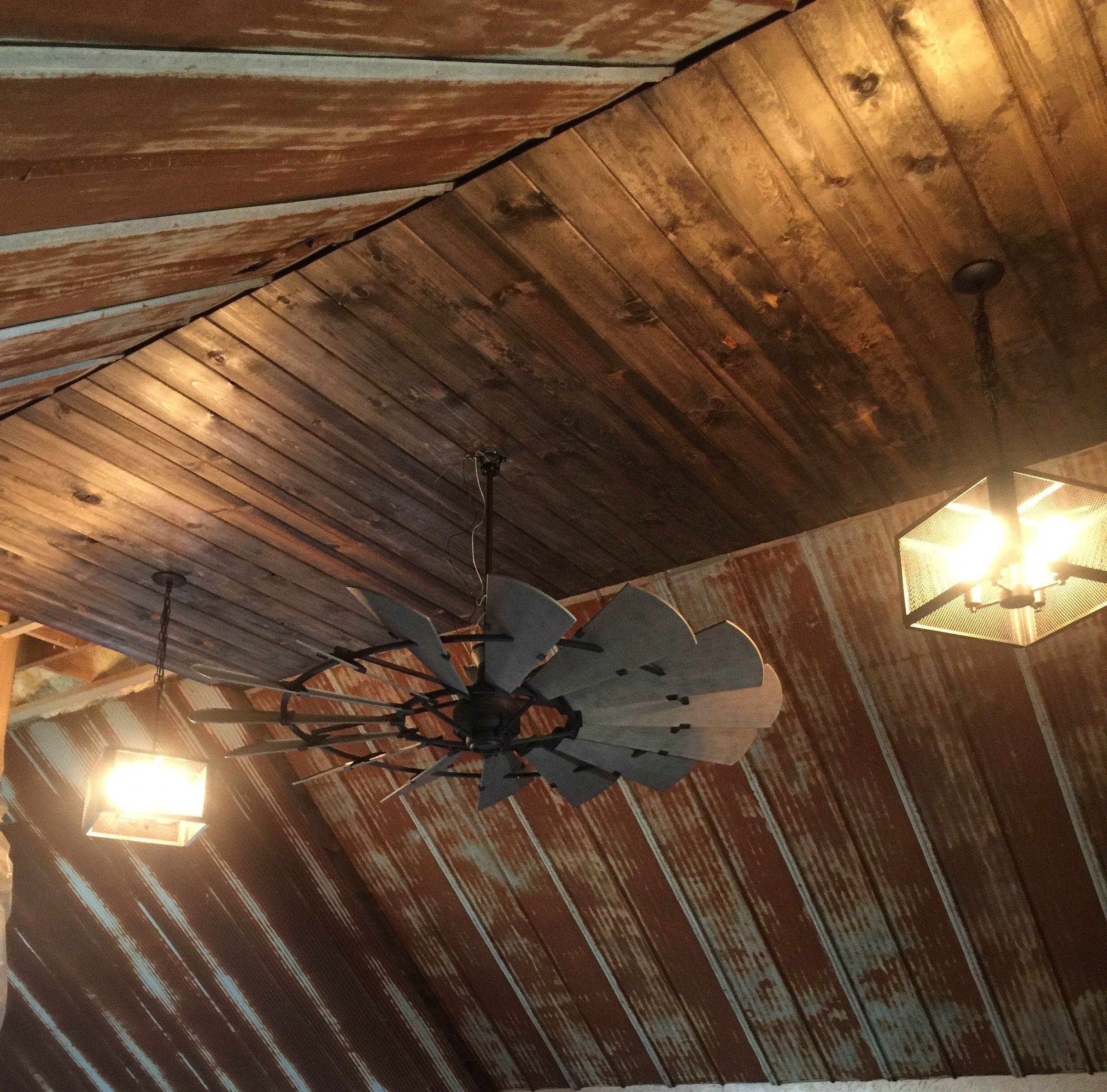 Rustic Barn Tin Ceiling With Windmill Ceiling Fan Hootens Home throughout proportions 2448 X 2414