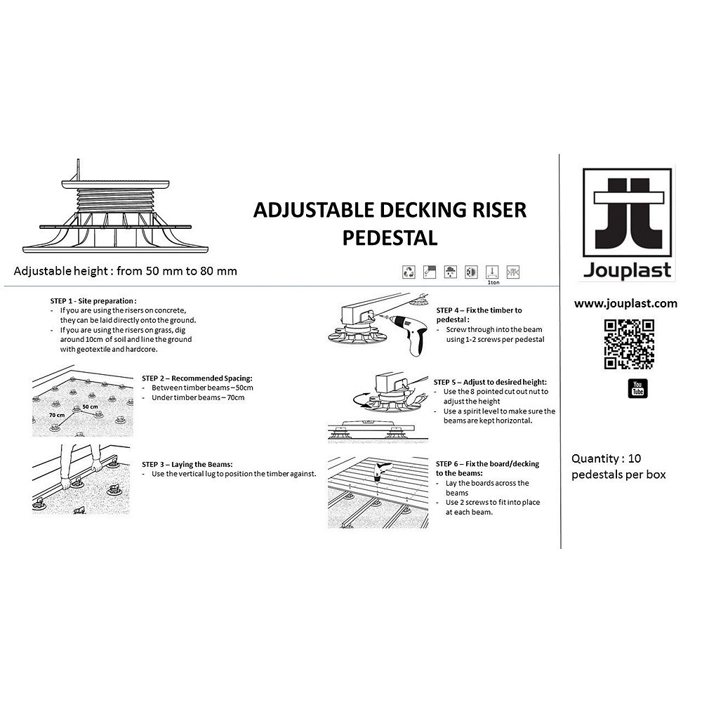 Jouplast Plastic Adjustable Decking Risers 50 To 80mm Pack Of 10 in sizing 1000 X 1000