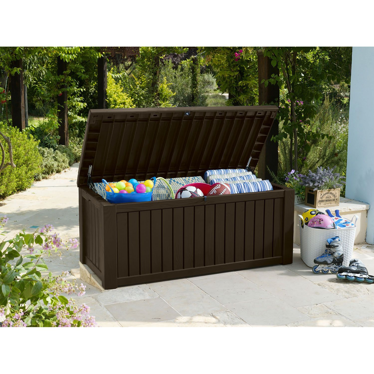 Keter Rockwood Outdoor Plastic Deck Storage Container Box 150 Gal within size 1500 X 1500