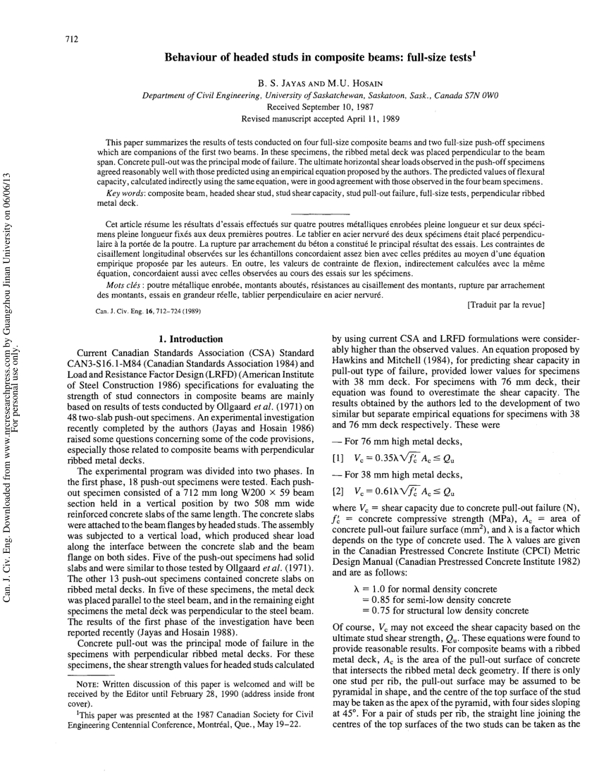 Pdf Strength Of Shear Studs In Steel Deck On Composite Beams And Joists inside proportions 850 X 1099