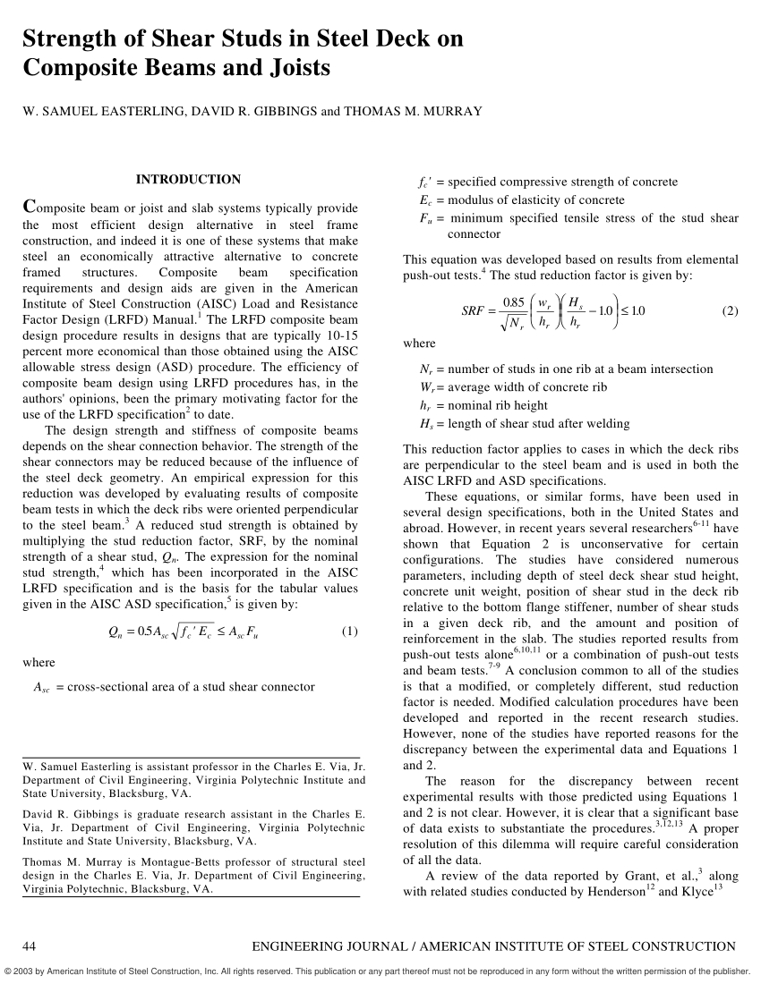 Pdf Strength Of Shear Studs In Steel Deck On Composite Beams And Joists with regard to dimensions 850 X 1100