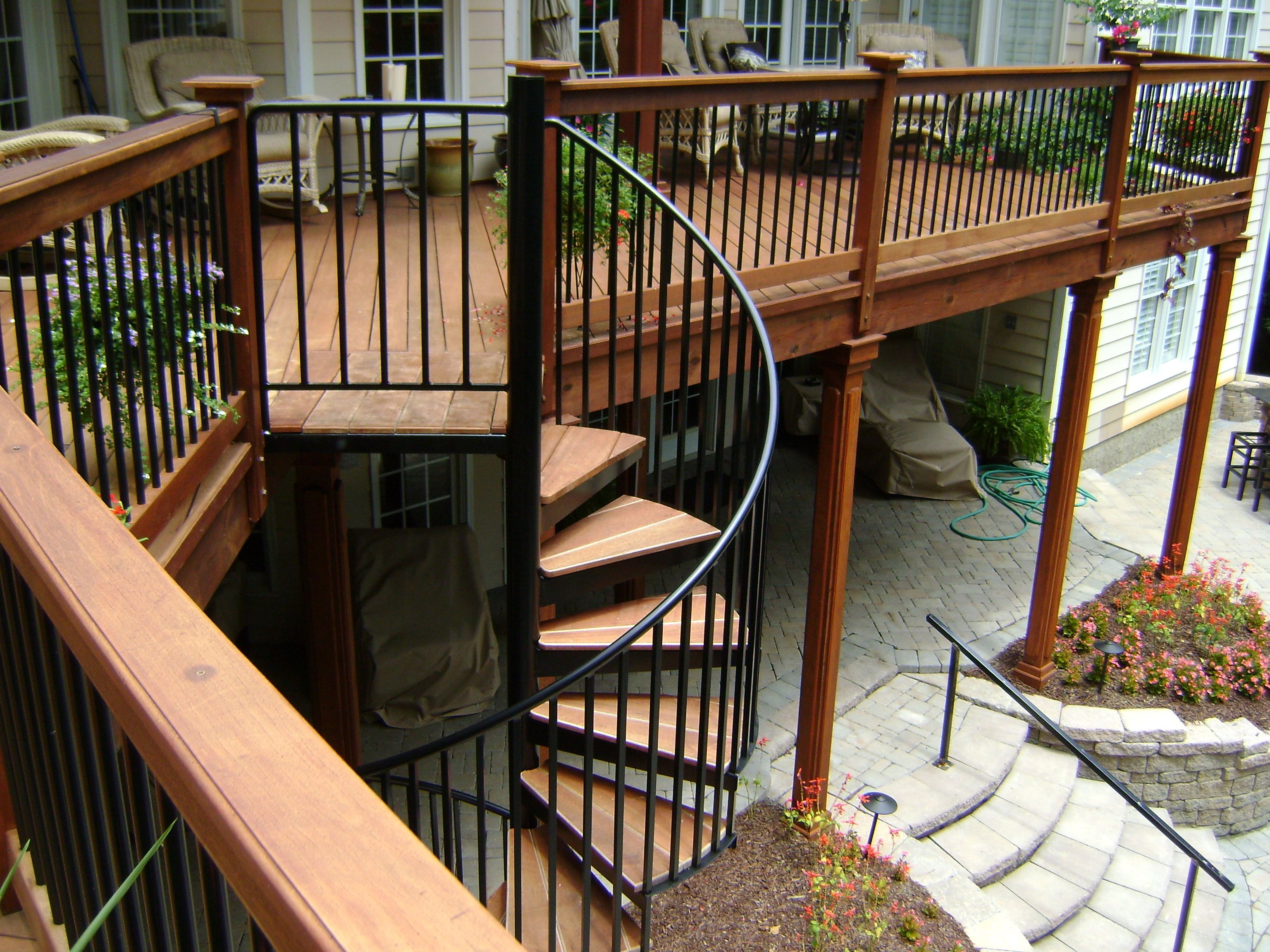 Second Story Wood Deck With Spiral Staircase And Stone Patio 2nd intended for dimensions 3072 X 2304