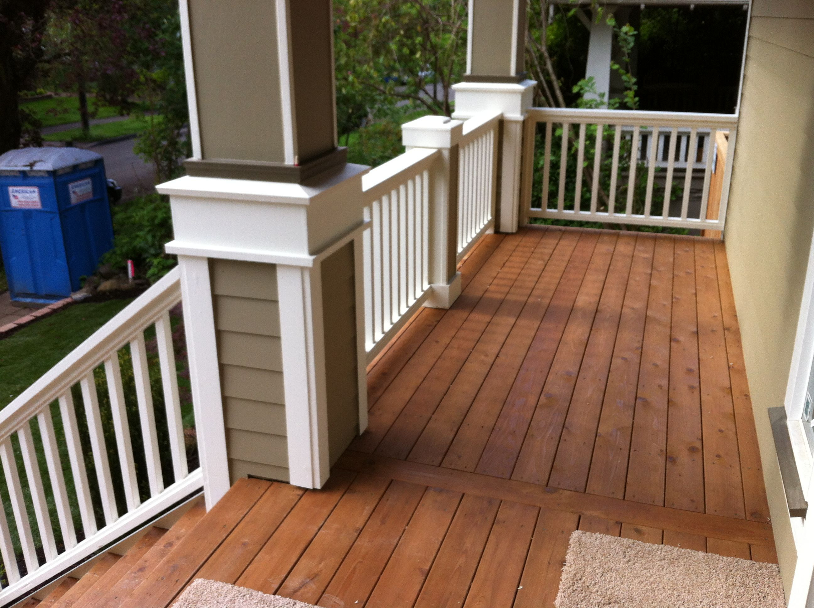 Stained Cedar Decking With Wood Railing Idea For The Front Porch intended for size 2592 X 1936