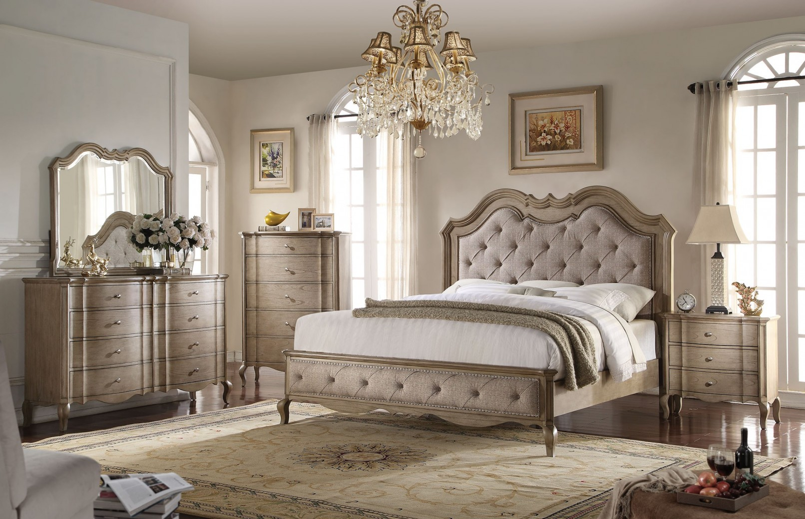 26050 Acme Bedroom Set Chelmsford Collection Antique Taupe Tan Fabric with regard to proportions 1612 X 1040