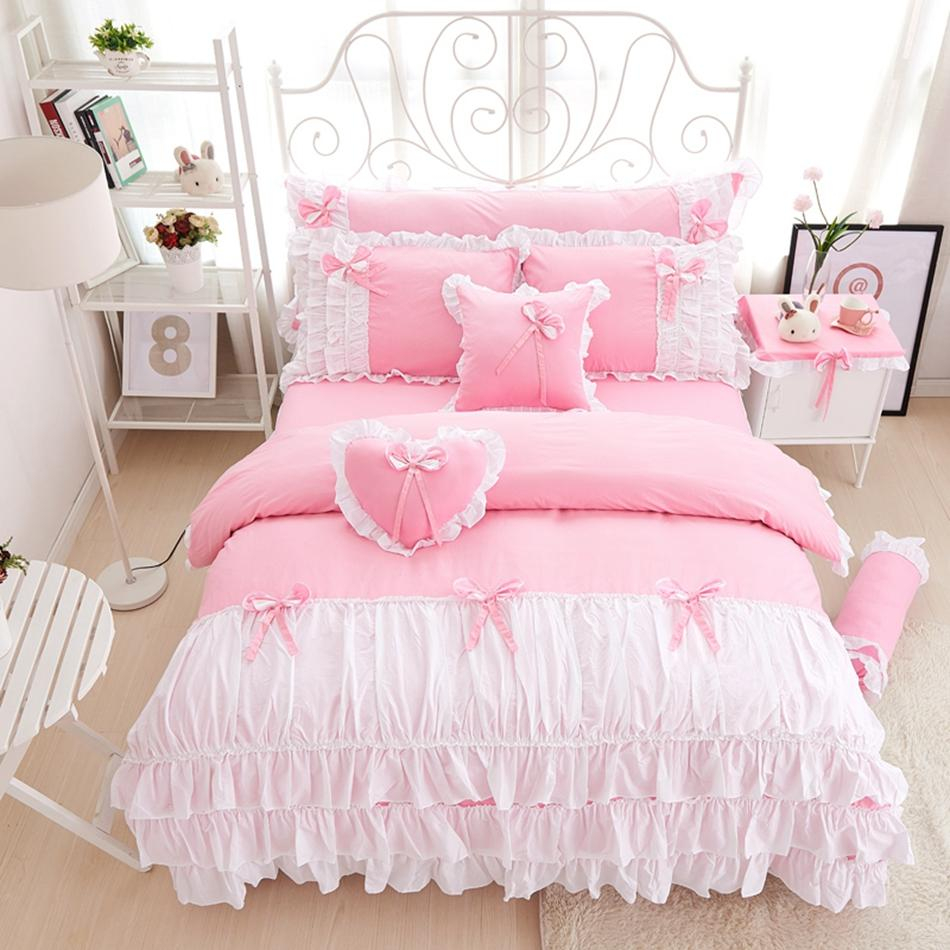 34pcs Cotton Pink Princess Bedding Set Lace Edge Solid Pink And White Color Twin Queen King Bedroom Set Duvet Cover Bed Skirt inside measurements 950 X 950