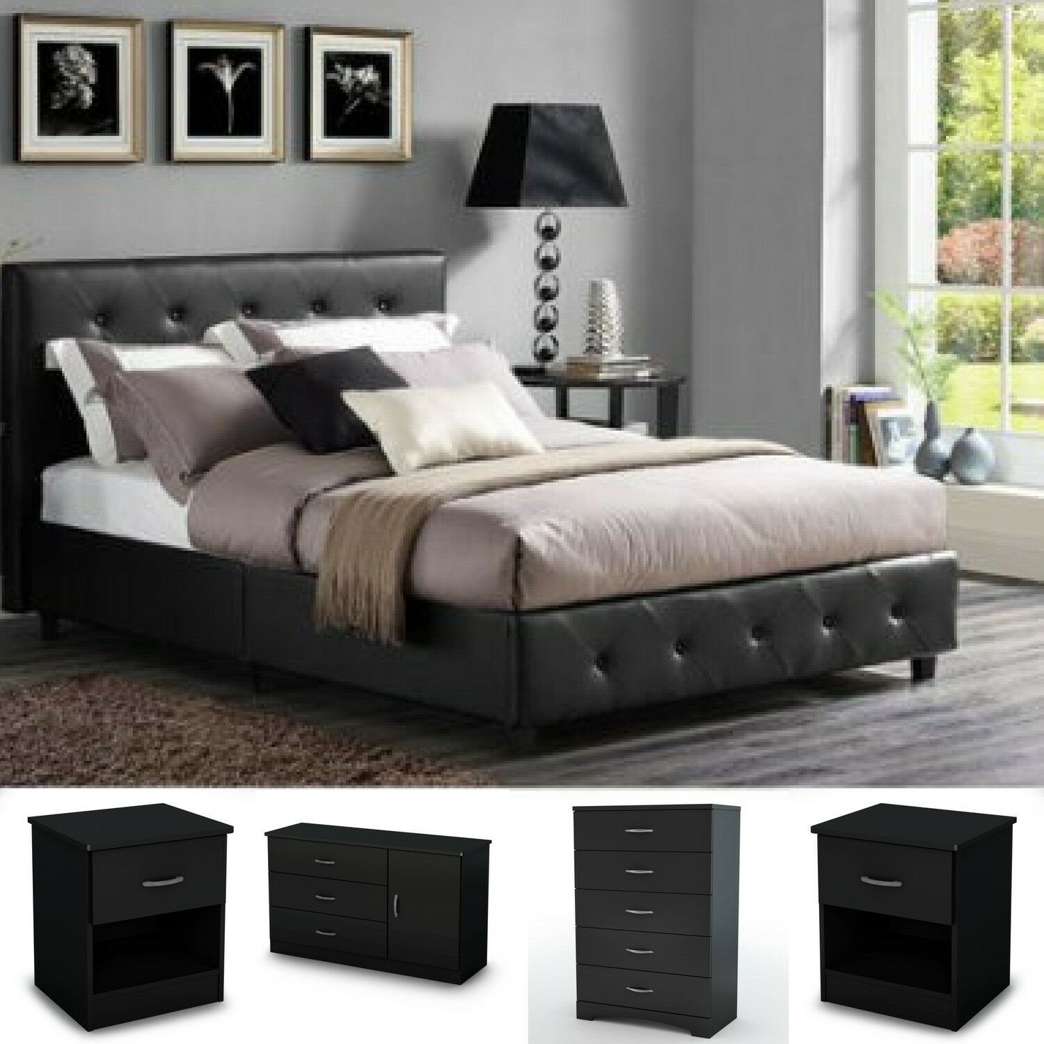 5 Pieces Queen Size Bedroom Set Furniture Modern Design Black Leather Dresser inside size 1500 X 1500