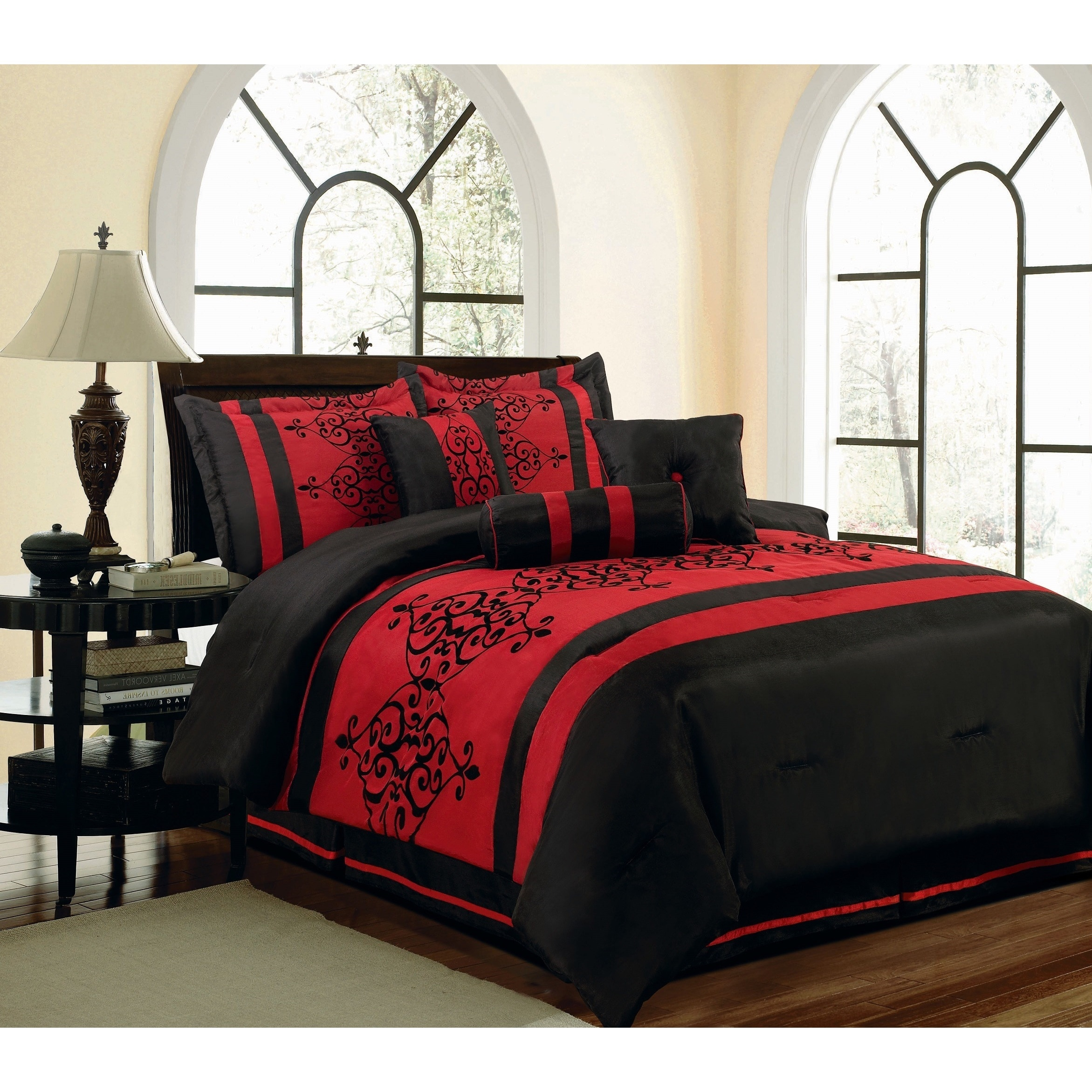 7 Piece Catherine Flocking Black And Red Comforter Set pertaining to dimensions 2343 X 2343