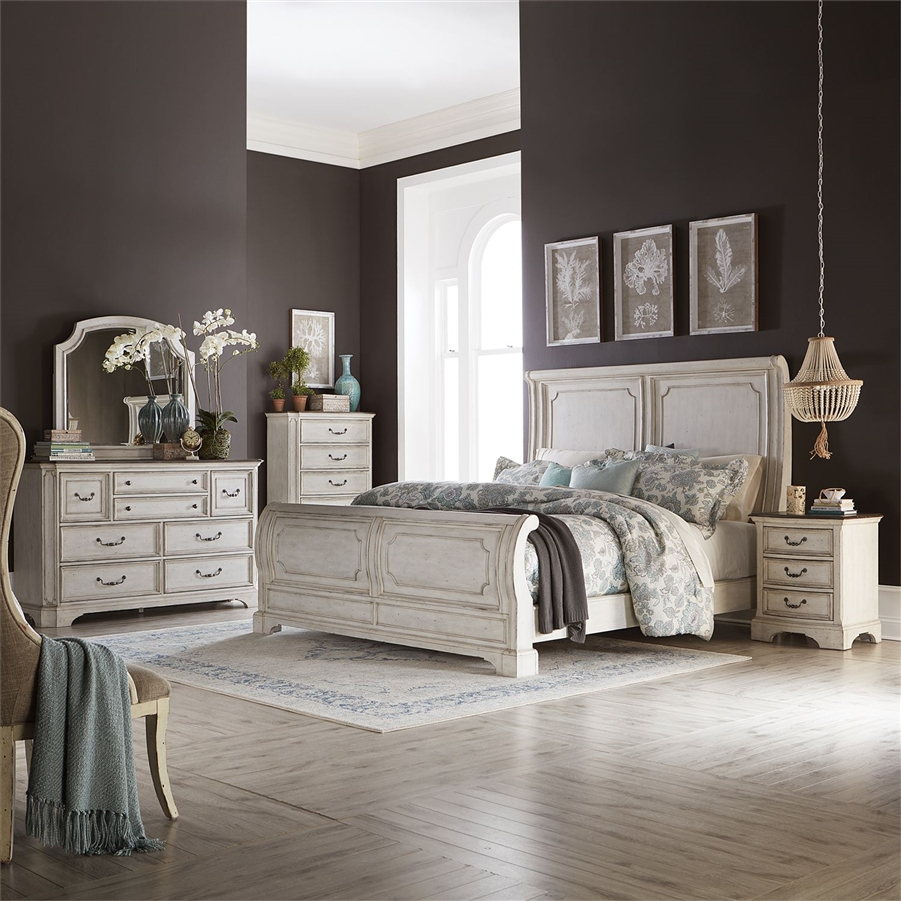 Abbey Road Sleigh Bed 6 Piece Bedroom Set In Porcelain White Finish With Churchill Brown Tops Liberty Furniture 455w Br Qsldmn inside sizing 901 X 901