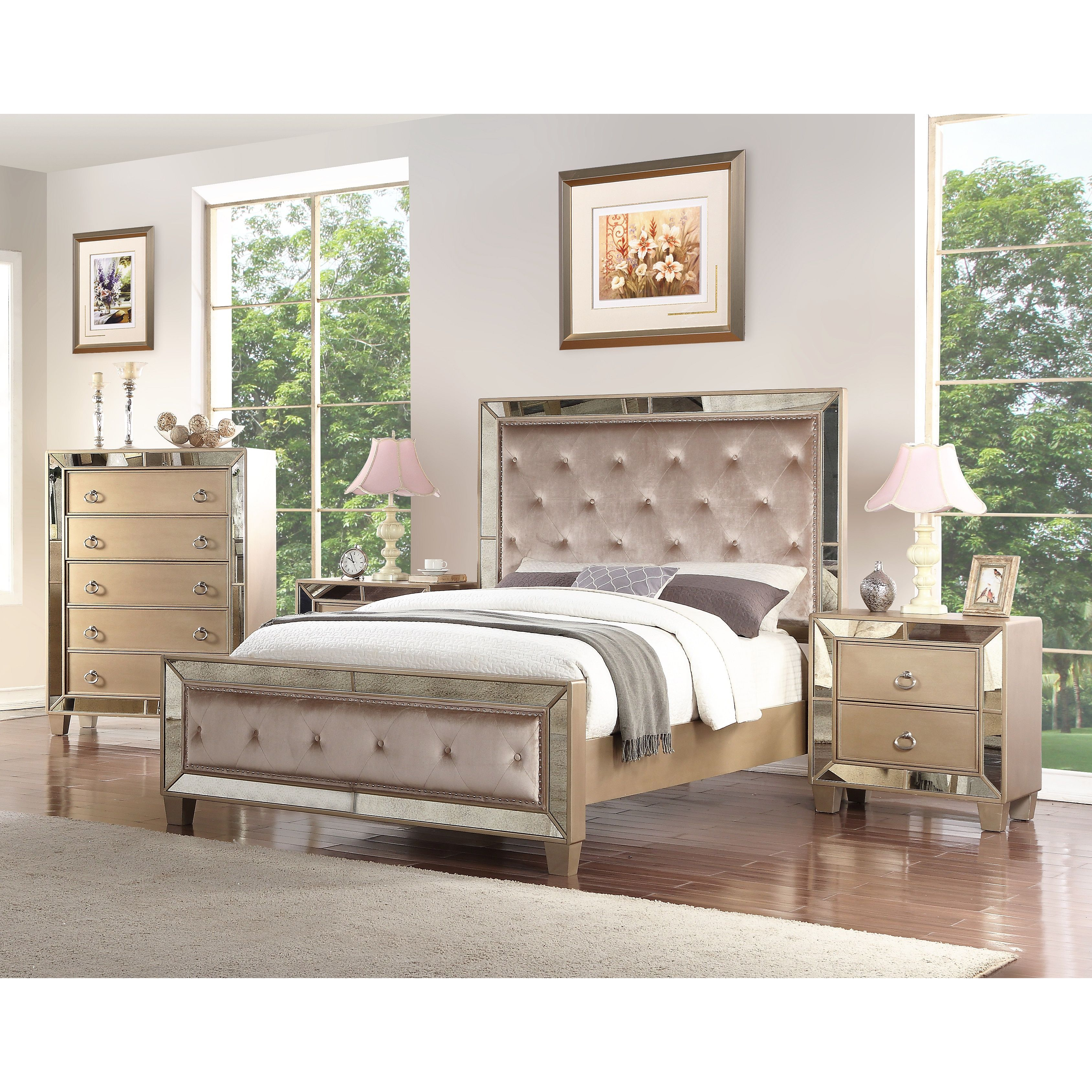 Abson Chateau Mirrored Tufted 4 Piece Bedroom Set California King inside measurements 3376 X 3376