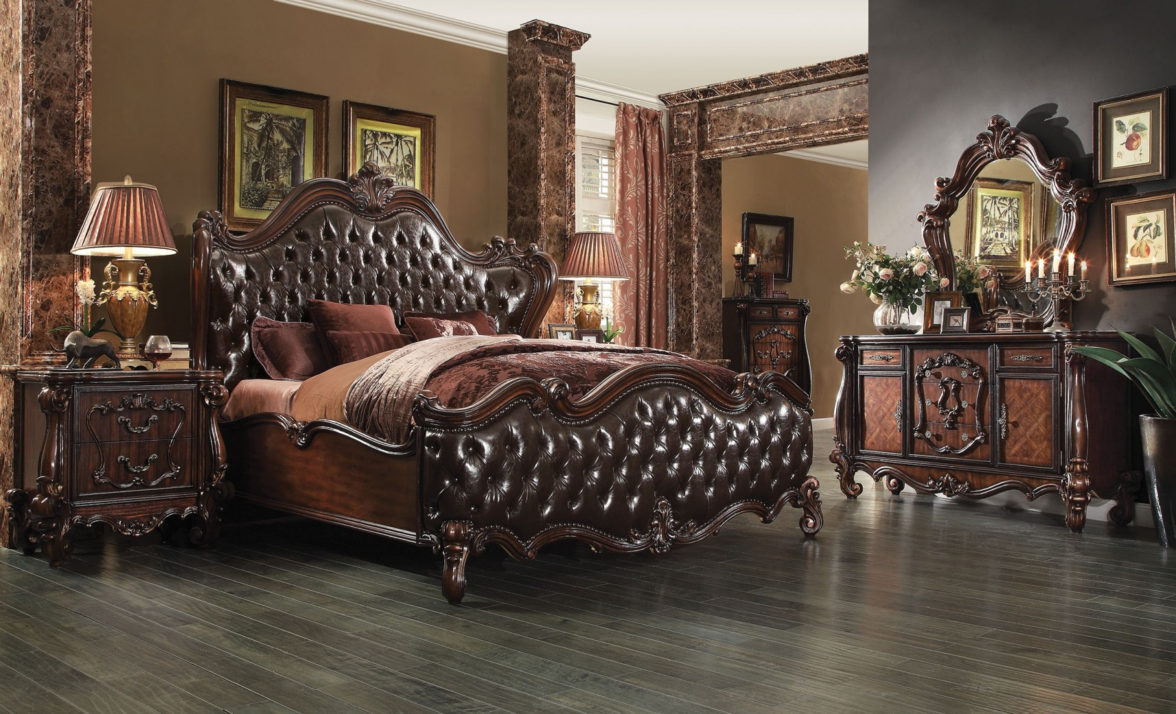 Acme 21120 Versailles Bedroom Set Collection Cherry Oak Finish 2 Tone Dark Brown Pu Upholstery pertaining to measurements 1713 X 1040