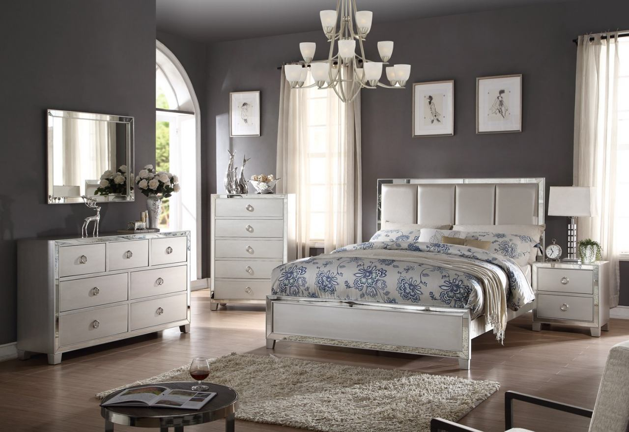 Acme 4pc Voeville Pu Panel Bedroom Set In Platinum with regard to proportions 1280 X 879