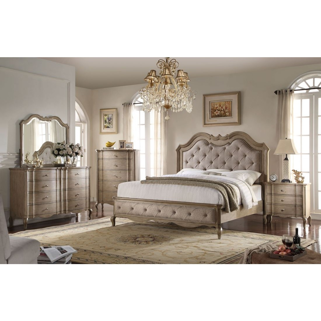 Acme Chelmsford 4pc Eastern King Bedroom Set In Tan Fabric And Antique Taupe for sizing 1100 X 1100