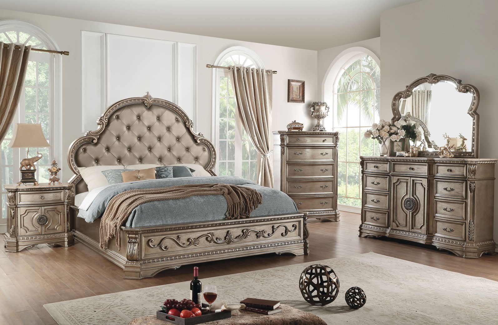 Acme Furniture Northville 4pc Panel Bedroom Set In Antique Champagne inside sizing 1594 X 1040