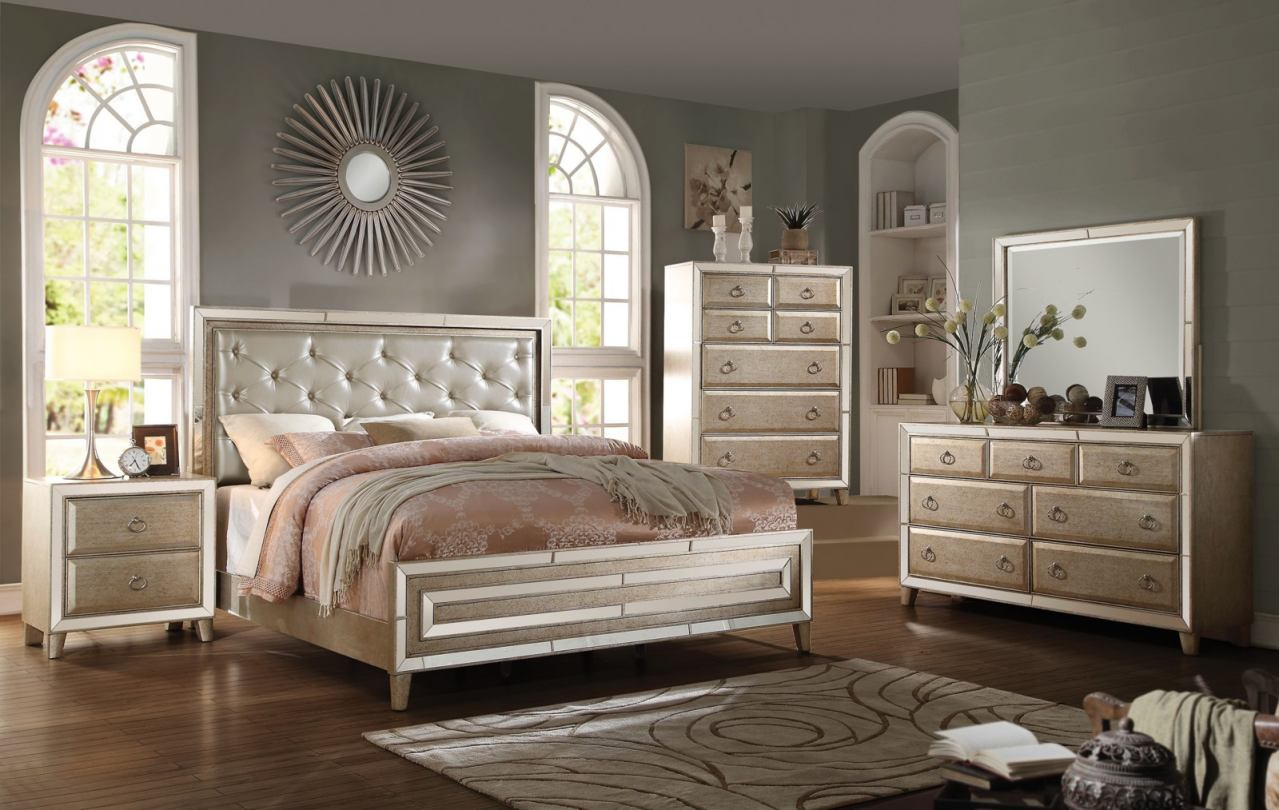 Acme Furniture Voeville 4 Piece Bedroom Set In Matte Gold Antique Gold intended for measurements 1279 X 810