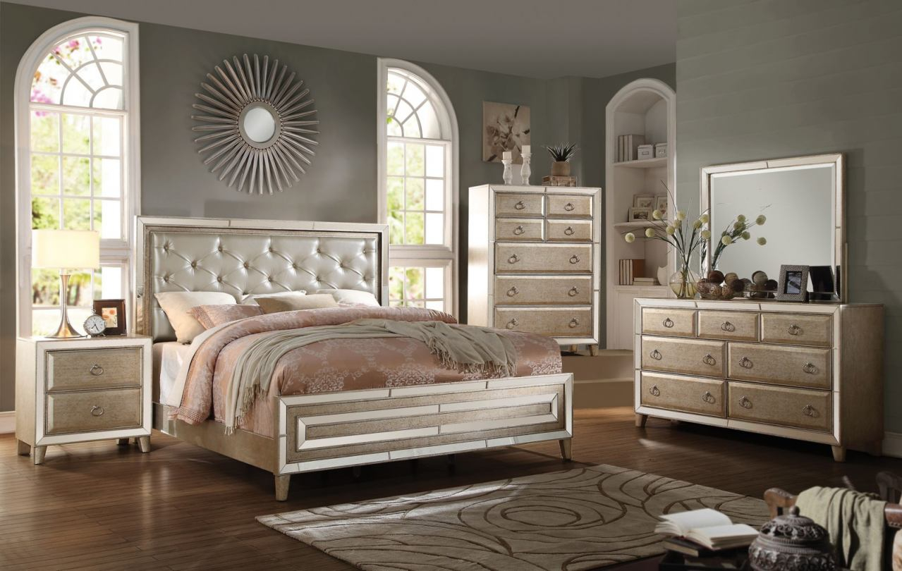 Acme Furniture Voeville 4 Piece Bedroom Set In Matte Gold Antique Gold intended for sizing 1279 X 810