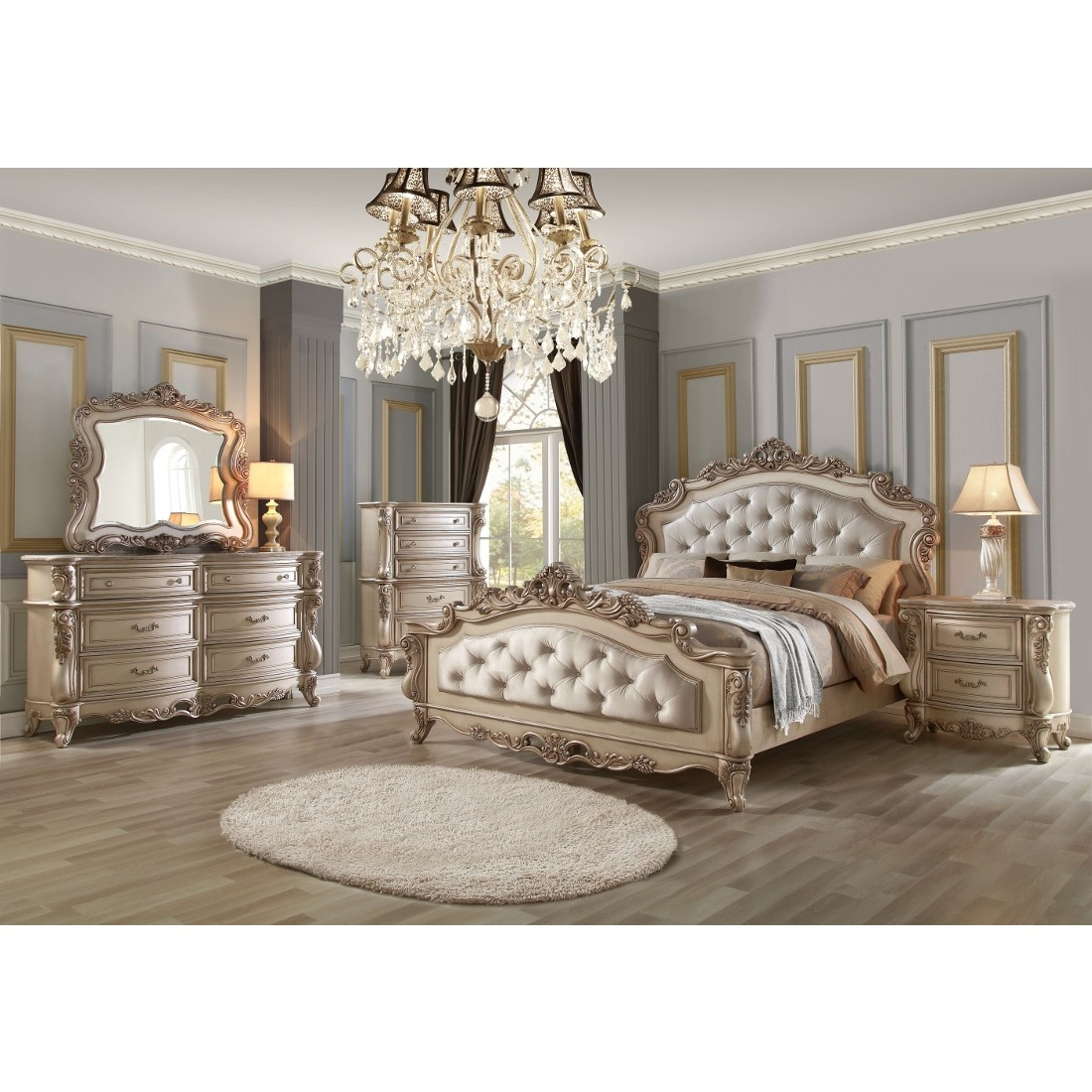 Acme Gorsedd 4pc Queen Bedroom Set Cream Fabric And Antique White pertaining to dimensions 1100 X 1100