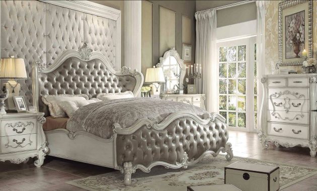 Acme Versailles 4 Piece Upholstered Bedroom Set In Vintage Gray Pu Bone White intended for size 1797 X 997