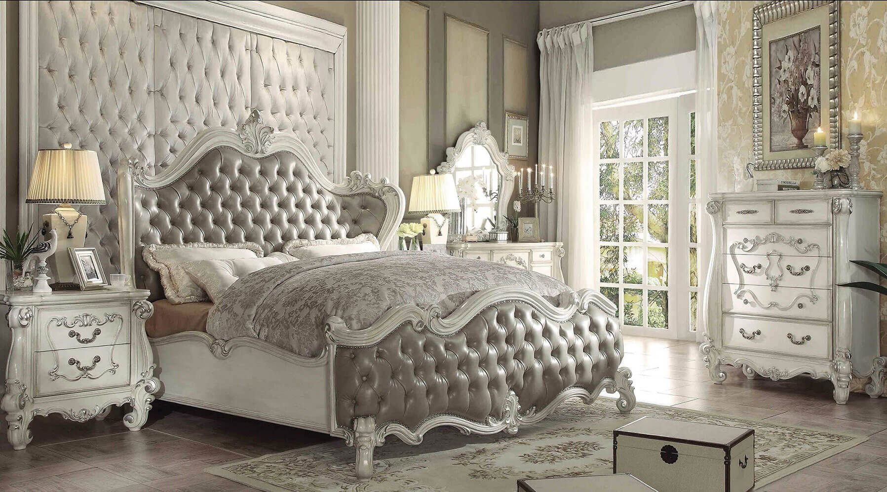 Acme Versailles 4 Piece Upholstered Bedroom Set In Vintage Gray Pu Bone White regarding proportions 1797 X 997