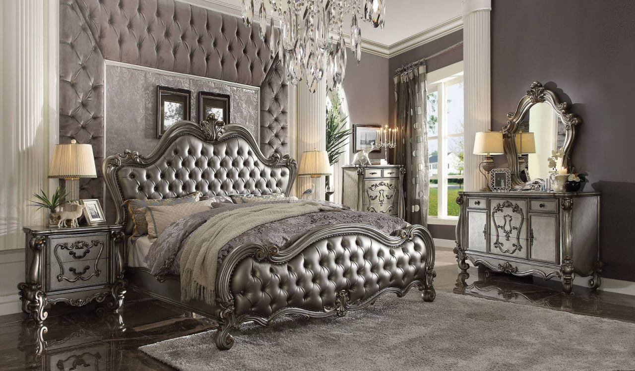 Acme Versailles 4pc Upholstered Bedroom Set In Antique Platinum in sizing 1280 X 748