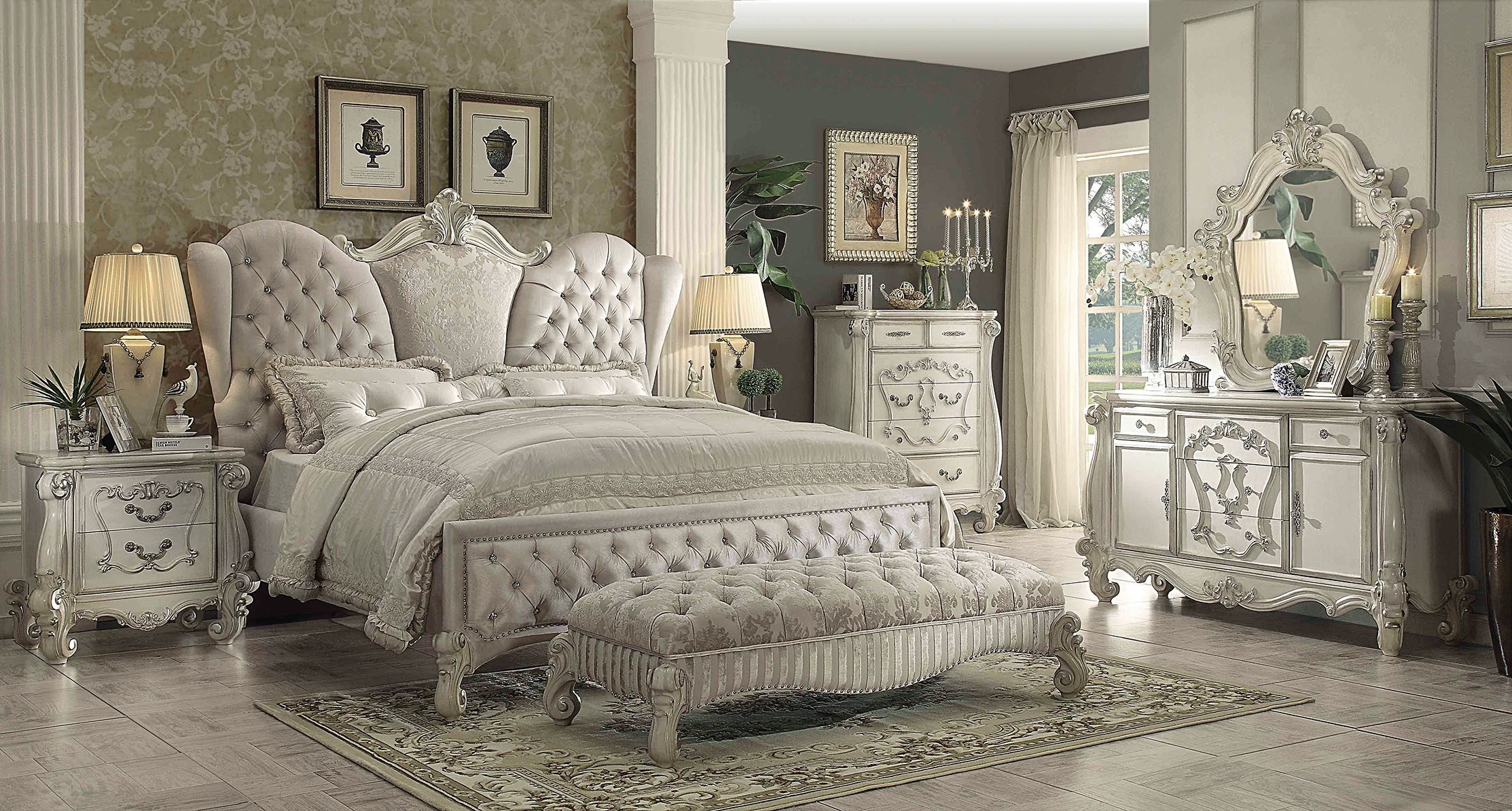 Acme Versailles Upholstered Bedroom Set In Ivory Velvetbone White with regard to proportions 2226 X 1195