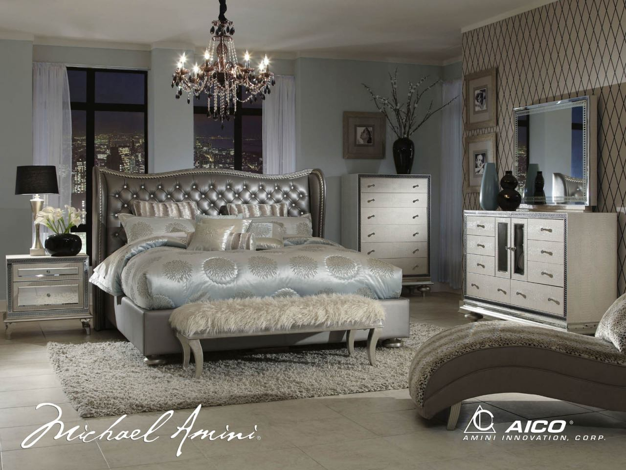 Aico Hollywood Swank 4pc Upholstered Platform Bedroom Set In Metallic Graphite pertaining to sizing 1280 X 961