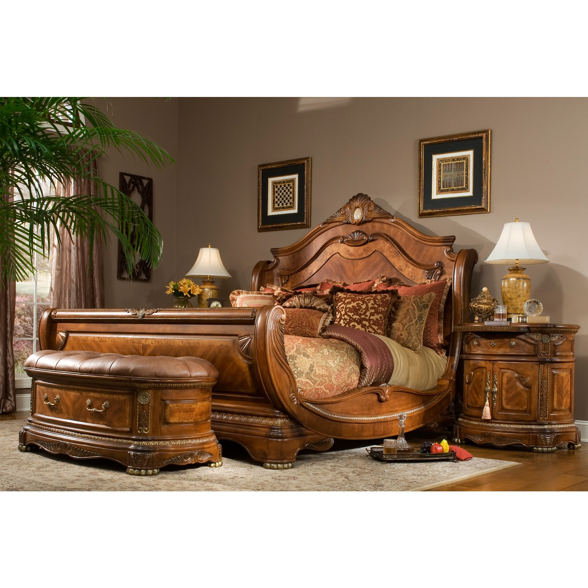 Aico Michael Amini 3pc Cortina King Size Sleigh Bedroom Set In Honey Walnut Finish with dimensions 1868 X 1868