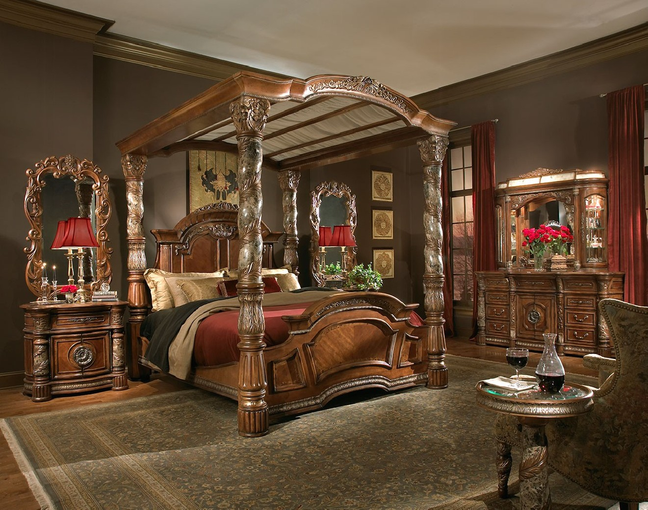 Aico Villa Valencia Bedroom Collection With Tall Poster Bed Chestnut Finish inside measurements 1321 X 1040