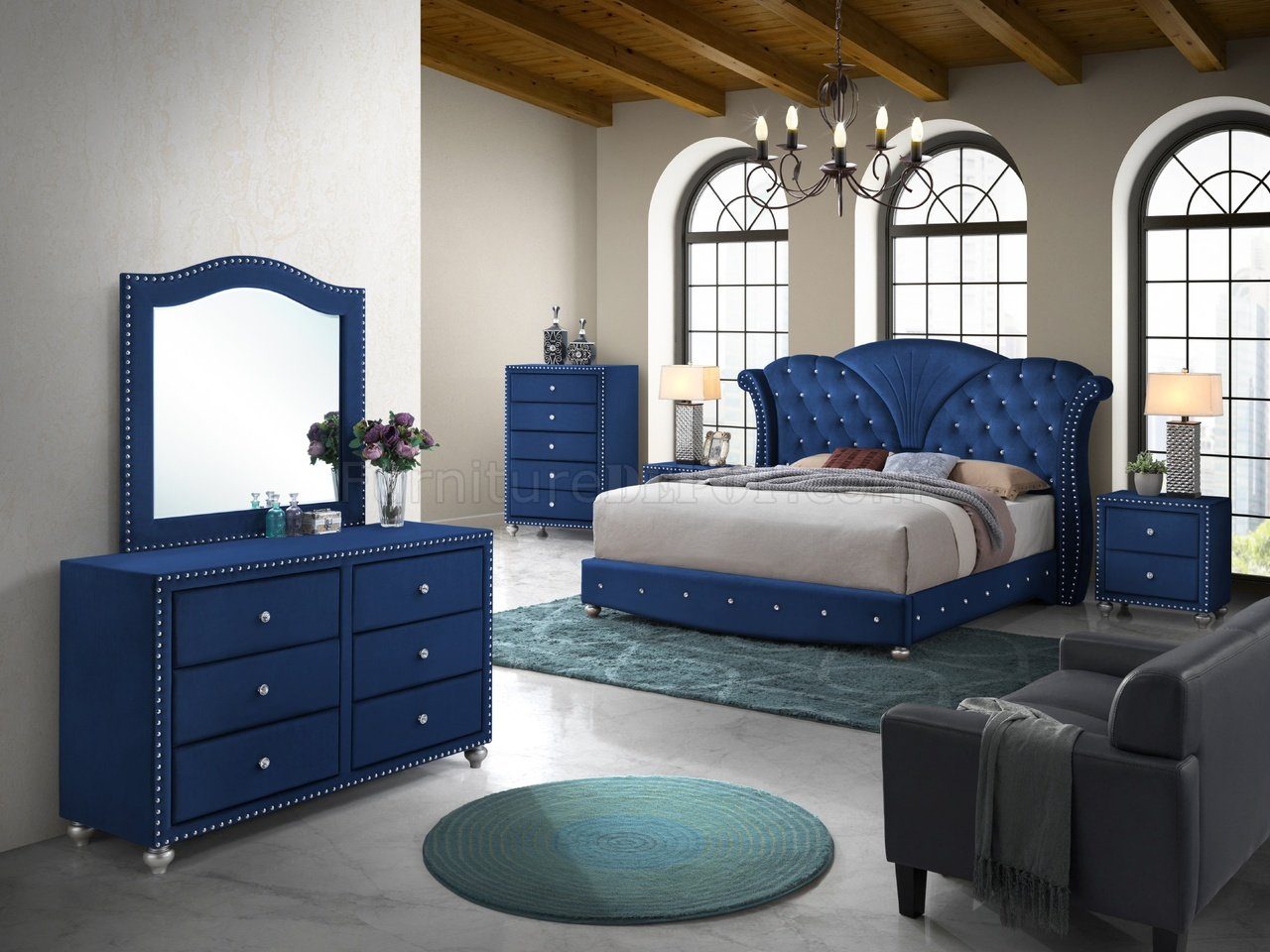Alana Bedroom Set 6pc In Blue Velvet Fabric regarding size 1280 X 960