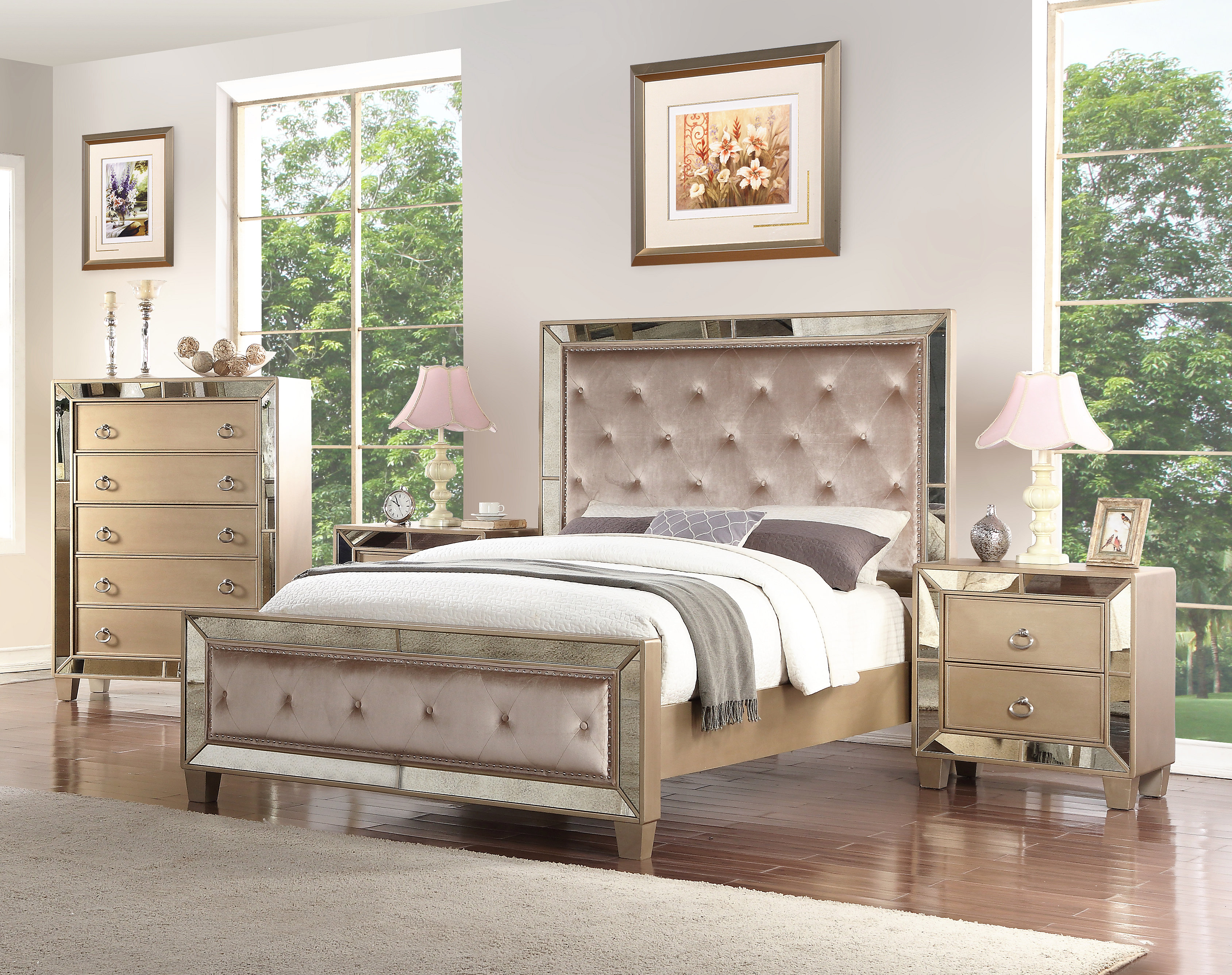 Alasdair Mirrored Tufted Platform 4 Piece Bedroom Set in sizing 3376 X 2672