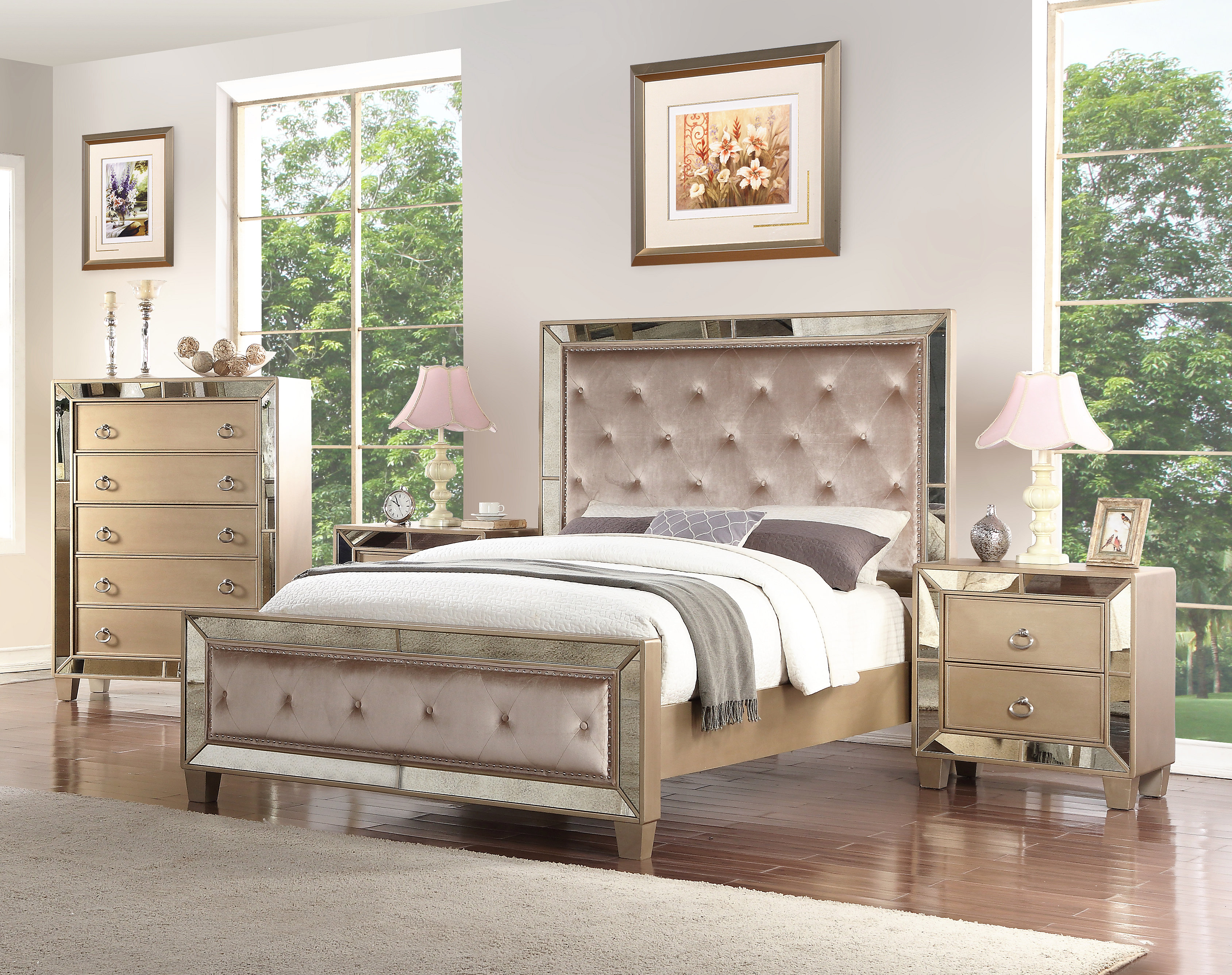 Alasdair Mirrored Tufted Platform 4 Piece Bedroom Set intended for sizing 3376 X 2672