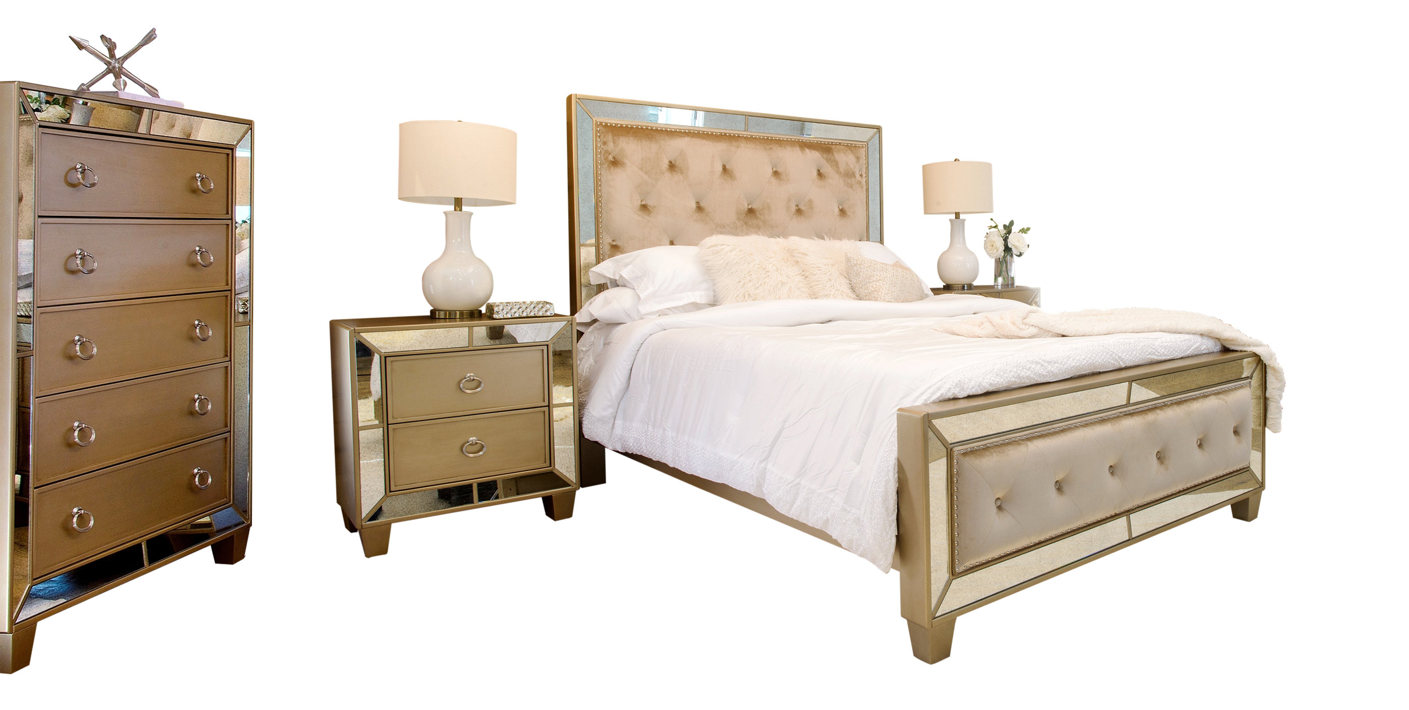 Alasdair Mirrored Tufted Platform 4 Piece Bedroom Set with regard to proportions 2791 X 1408