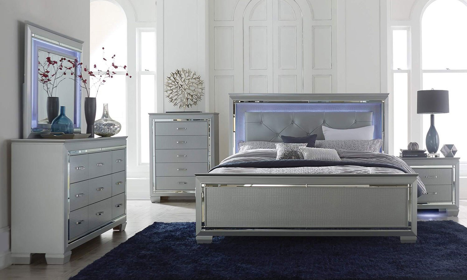 Allura Panel Bedroom Set W Lighting Silver with proportions 1500 X 900