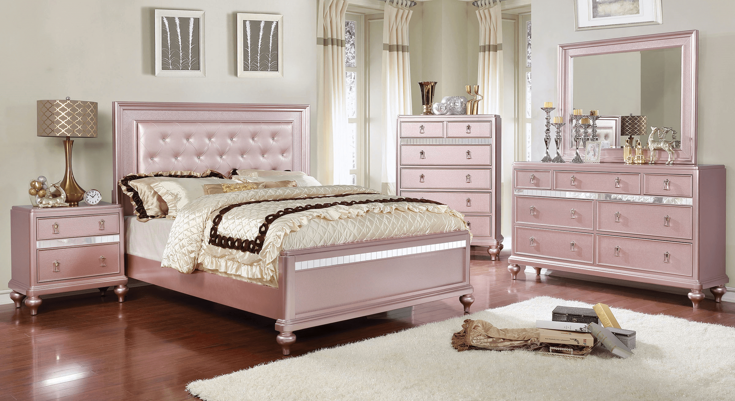 Ariston Rose Gold Bedroom Set intended for sizing 2400 X 1309