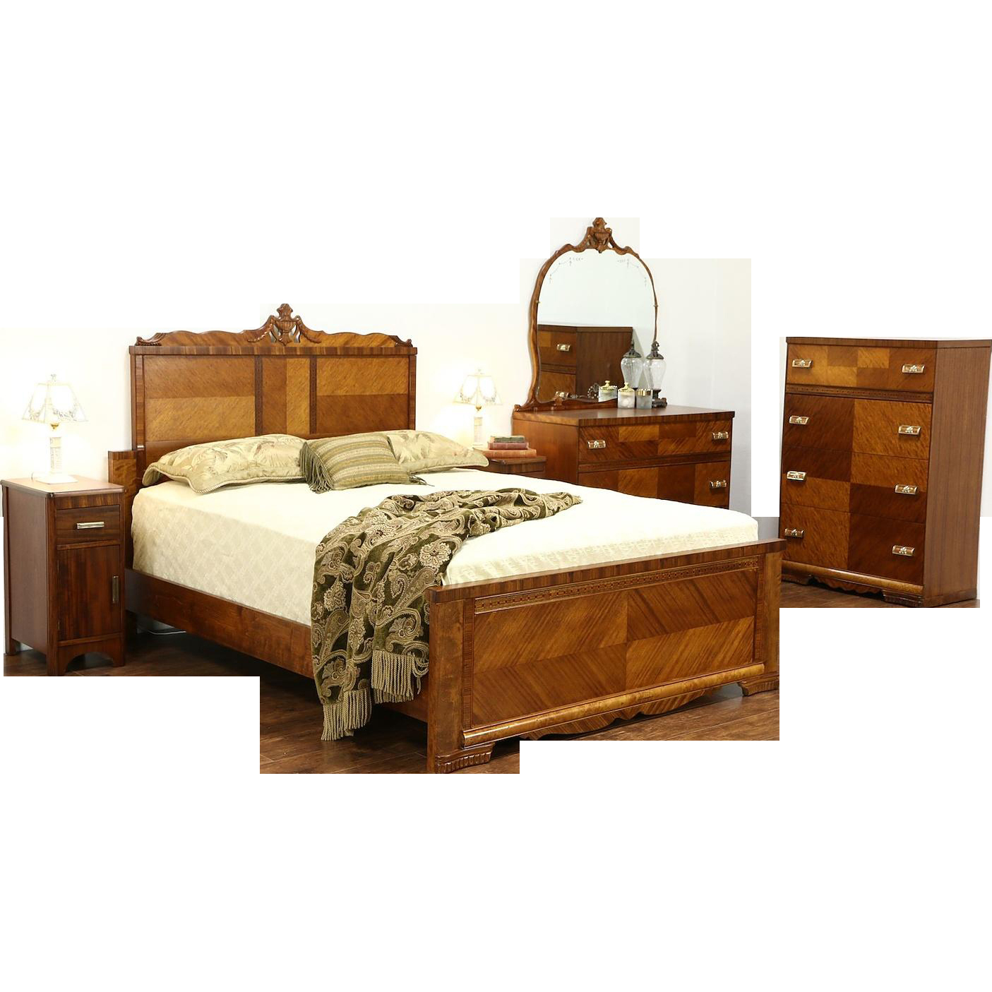 Art Deco 1935 Vintage 5 Pc Queen Size Bedroom Set Bed 2 Chests regarding proportions 1405 X 1405