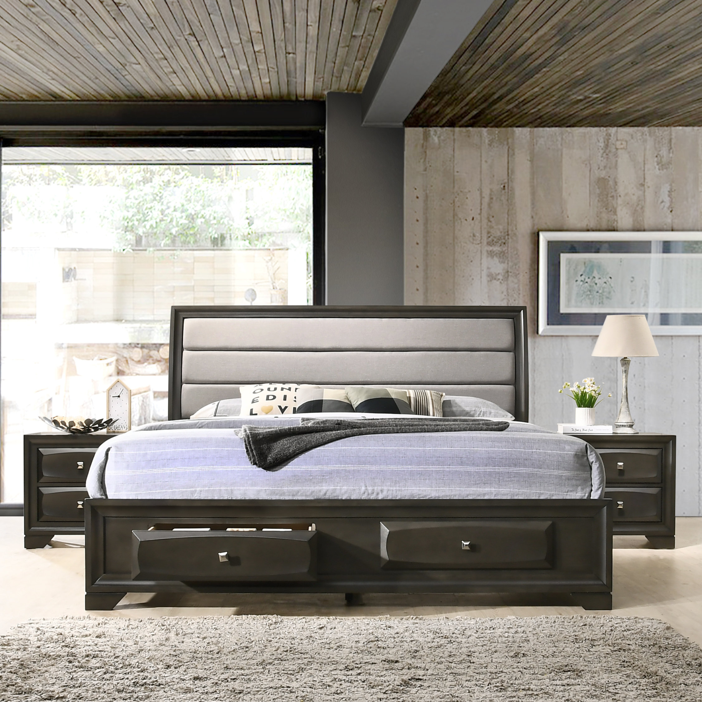 Asger Antique Grey Finish Wood Bedroom Set With Upholstered Queen Bed Dresser Mirror 2 Nightstands for proportions 2253 X 2253