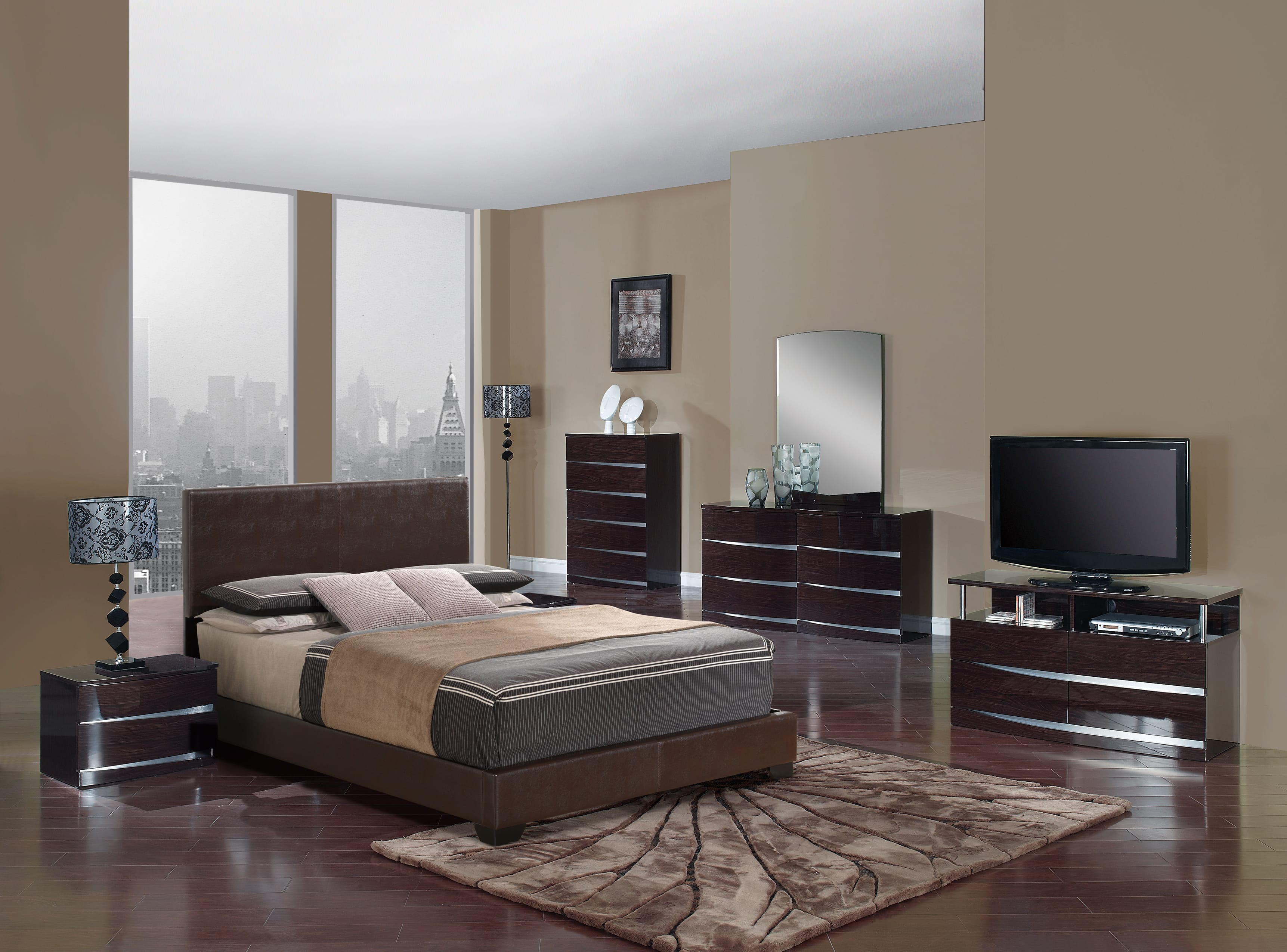 Aurora Wenge Glossy Bedroom Set W8103 Brown Pu Bed Global Furniture within dimensions 3445 X 2549