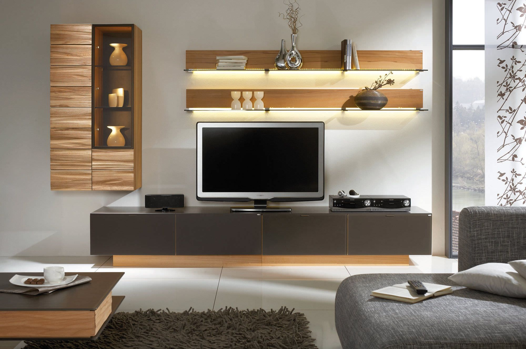 Awesome White Brown Wood Glass Cool Design Contemporary Tv Wall regarding proportions 2000 X 1329