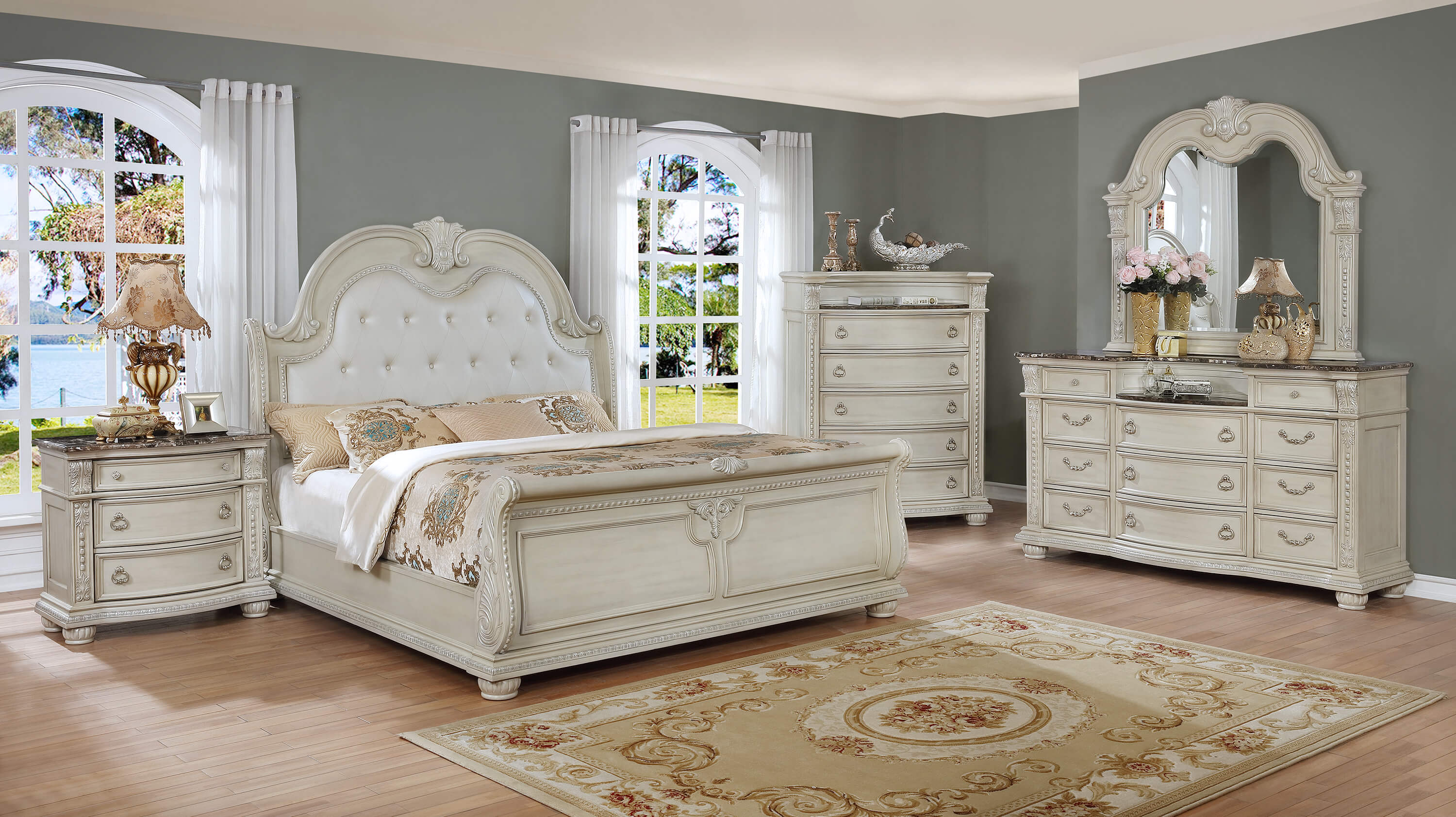 B1630 Stanley Antique White Marble Bedroom Set Crown Mark for proportions 3000 X 1683