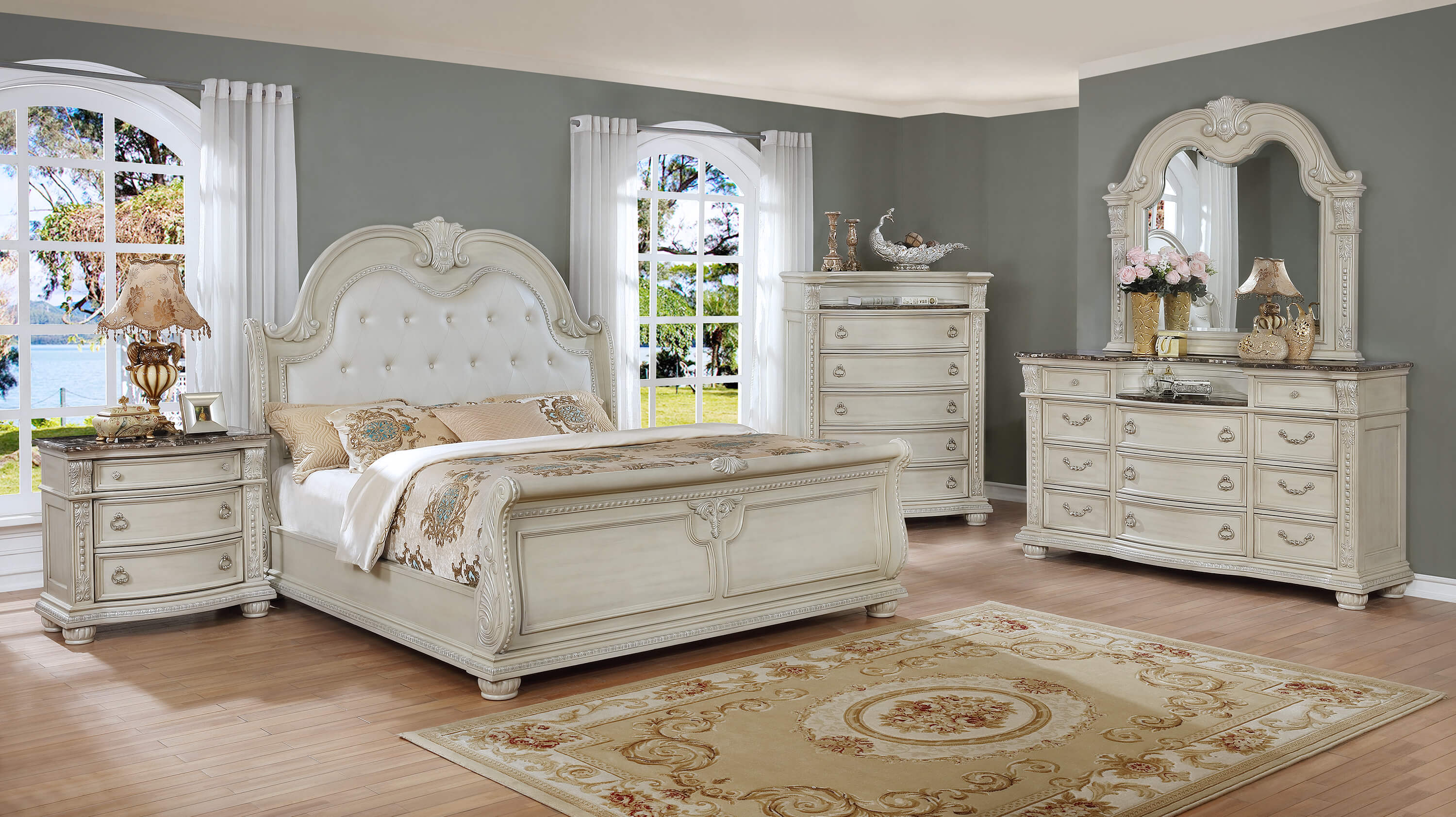 B1630 Stanley Antique White Marble Bedroom Set Crown Mark throughout measurements 3000 X 1683