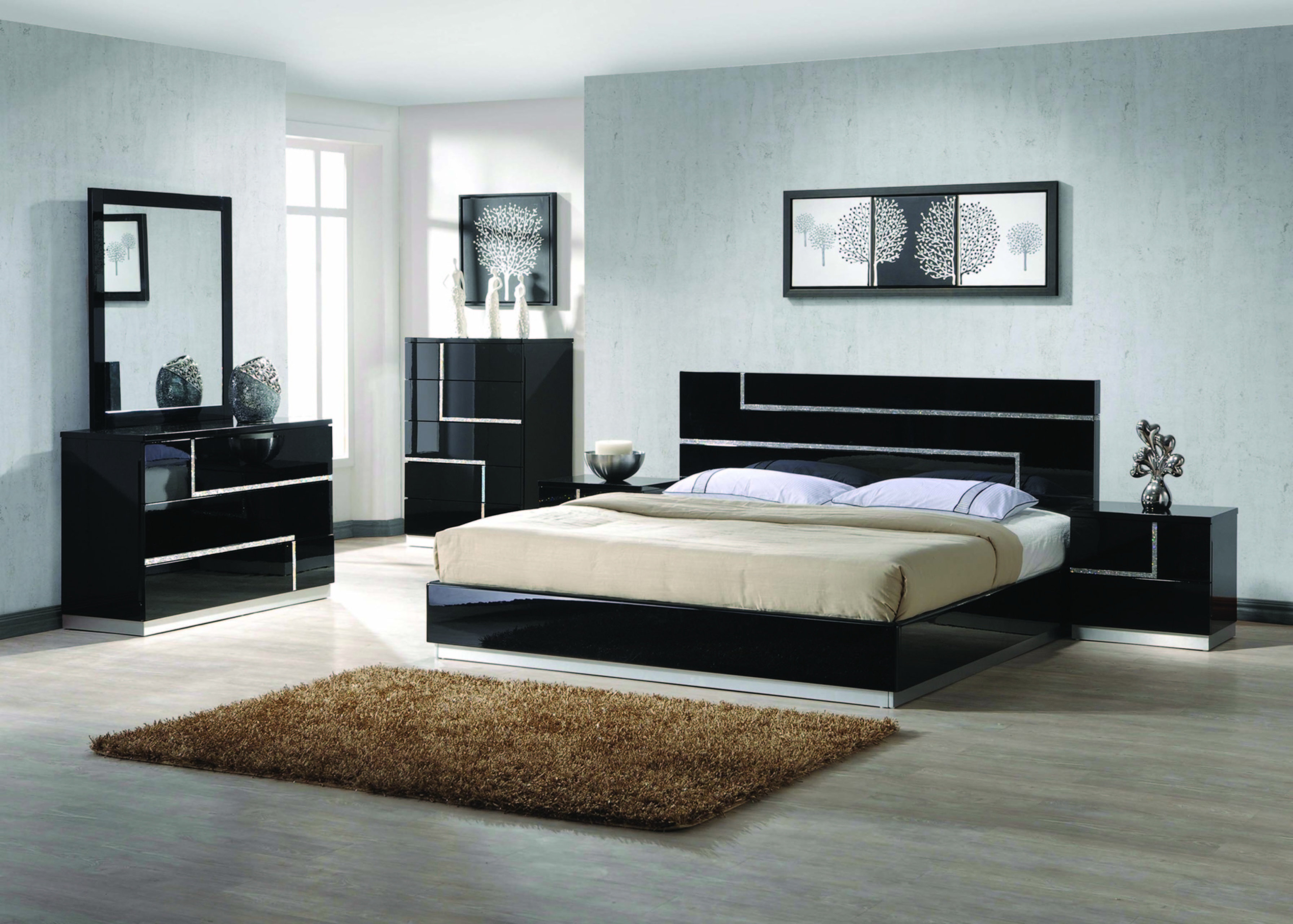 Barcelona Modern Bedroom Set Queen Size Bed 4pc Rhinestone On Headboard throughout sizing 3583 X 2560