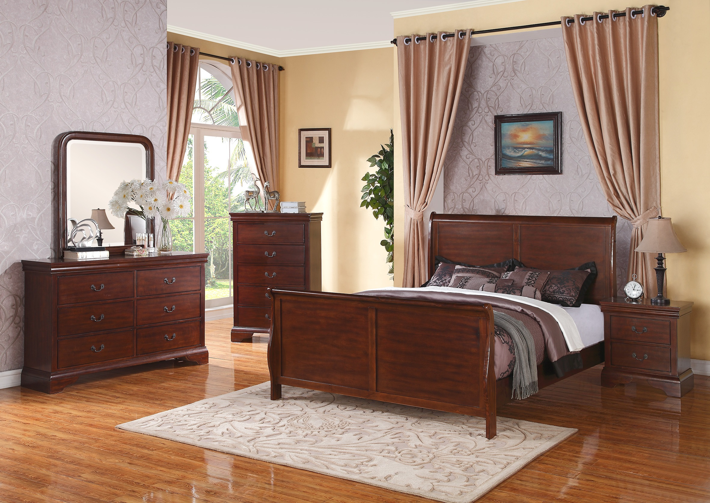 Beautiful Bedroom Furniture Modern Dark Walnut Eastern King Size Bed Dresser Mirror Nightstand 4pc Set Curved Panel Sleigh Bed Hb Fb for proportions 2362 X 1673