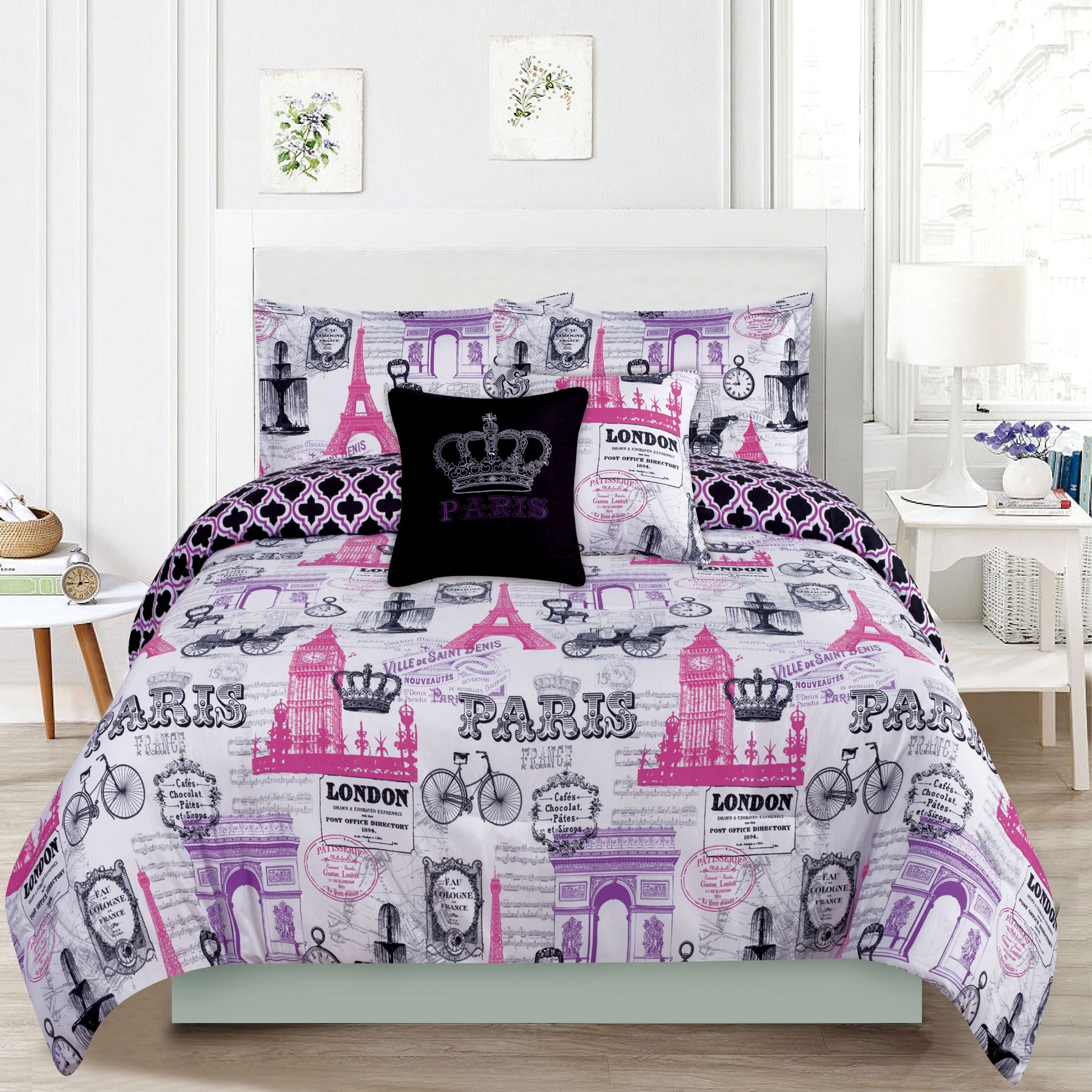 Bedding Queen 5 Piece Girls Comforter Bed Set Paris Eiffel Tower London Pink And Purple for dimensions 1800 X 1800