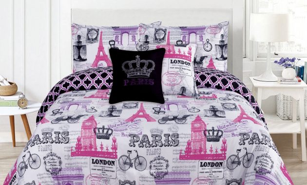 Bedding Queen 5 Piece Girls Comforter Bed Set Paris Eiffel Tower London Pink And Purple regarding sizing 1800 X 1800