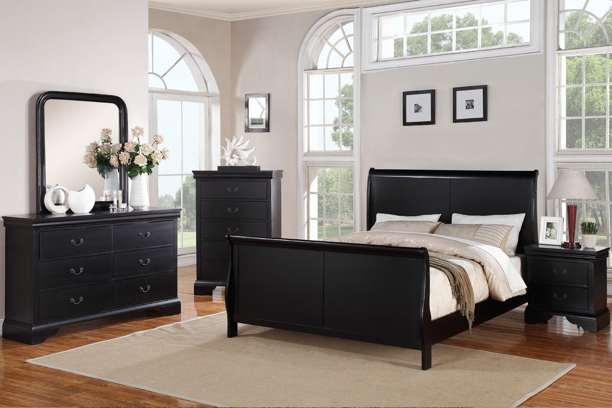 Bedroom Furniture Modern Black Queen Size Bed Dresser Mirror Nightstand 4pc Set Curved Panel Sleigh Bed for sizing 1200 X 800