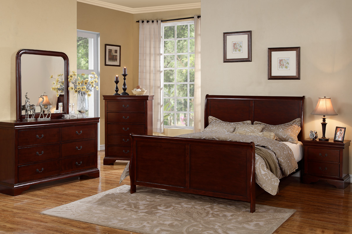 Bedroom Furniture Modern Cherry Queen Size Bed Dresser Mirror Nightstand 4pc Set Curved Panel Sleigh Bed within dimensions 1200 X 800