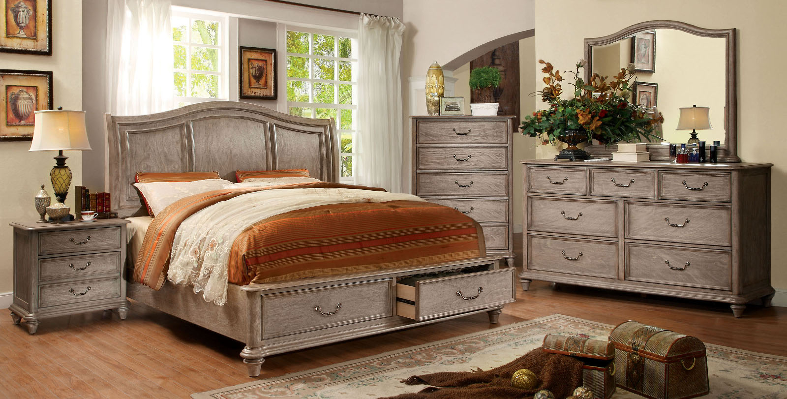 Belgrade I Natural Rustic Tone Finish Queen Size Bed W Footboard Storage for size 1600 X 811