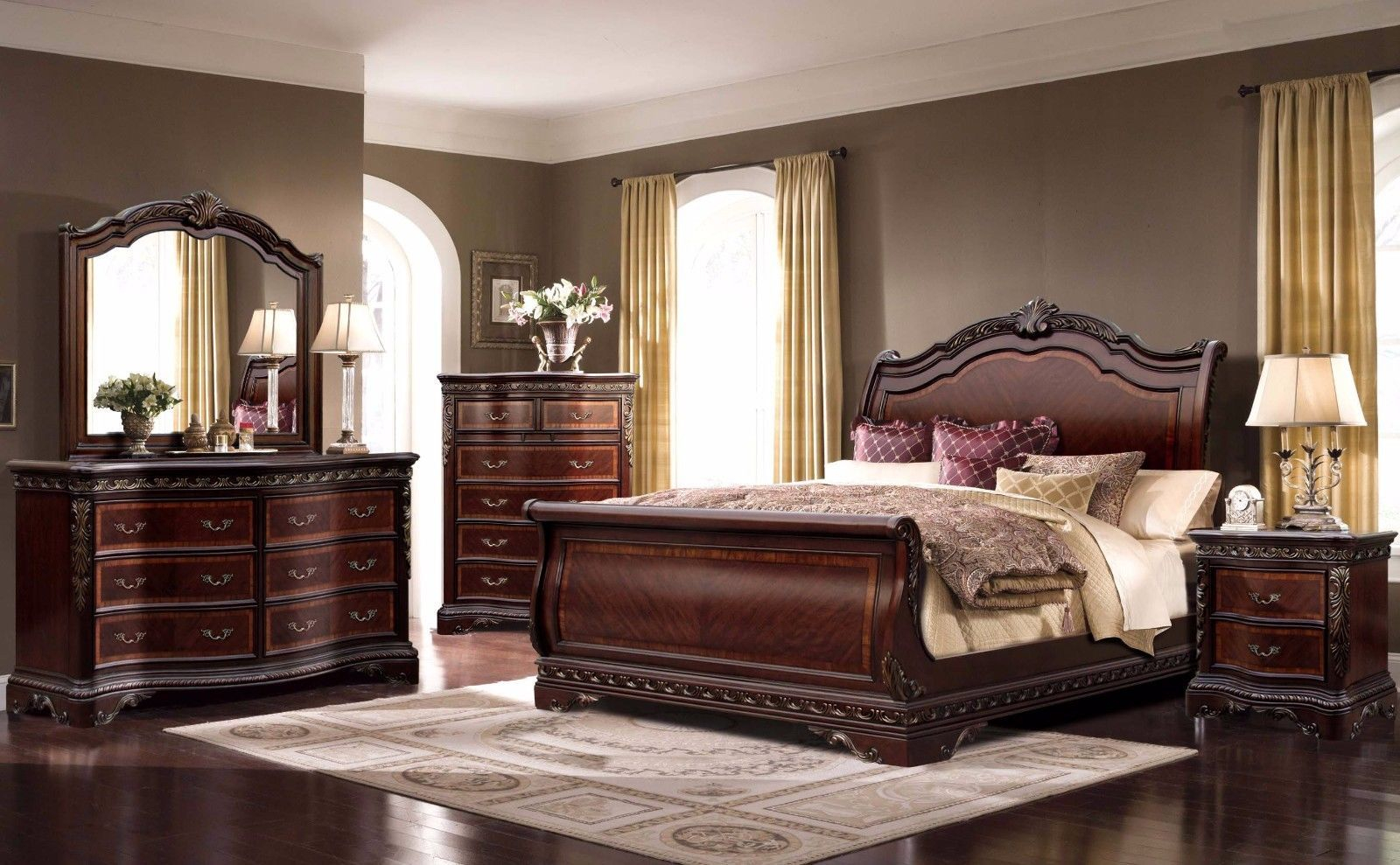 Bella Solid Wood Sleigh Bed 6 Piece Bedroom Set Dresser Mirror Night throughout measurements 1600 X 989