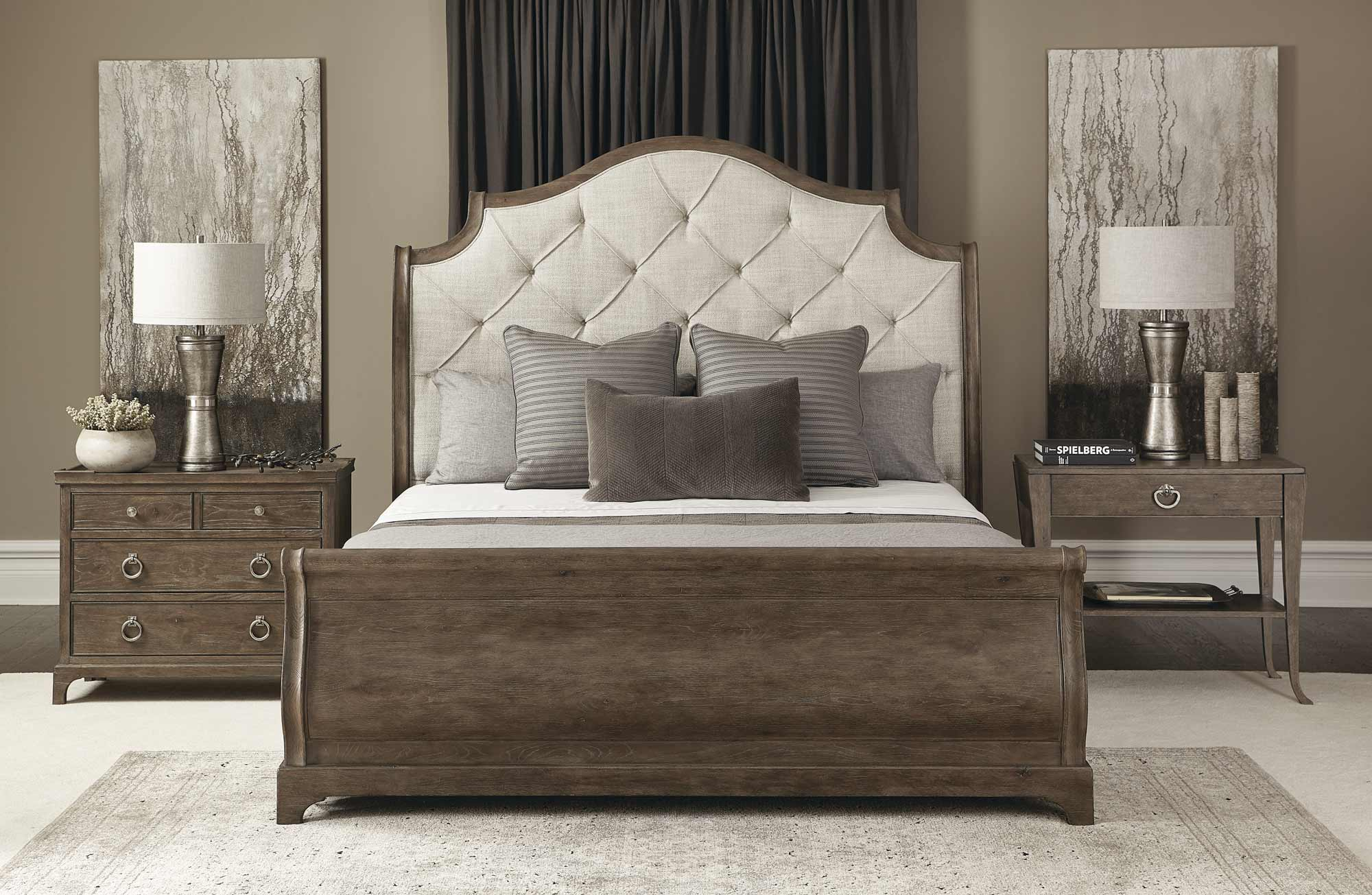 Bernhardt Rustic Patina 4pc Upholstered Sleigh Bedroom Set In Peppercorn inside proportions 2000 X 1305