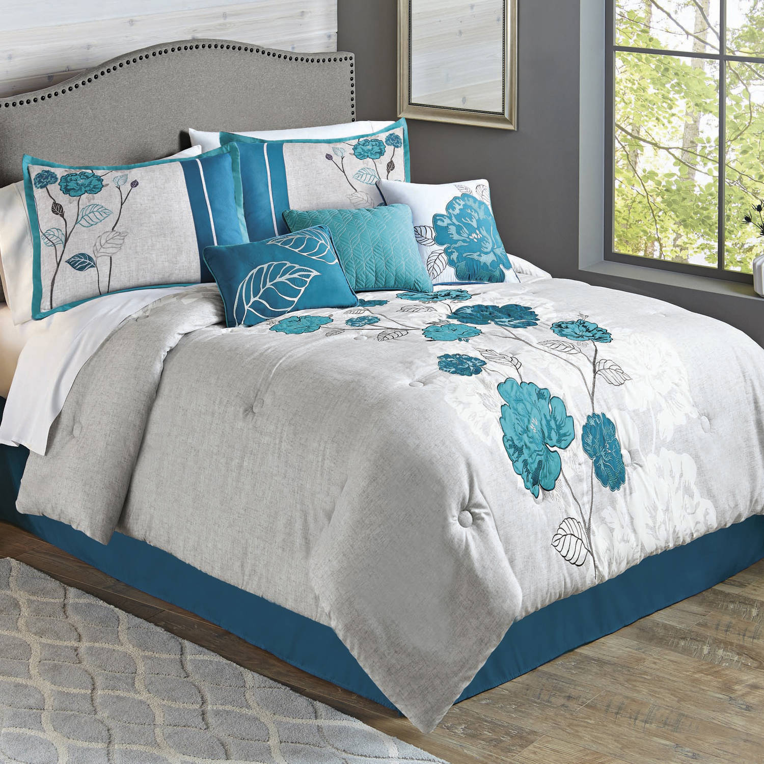 Better Homes Gardens Full Or Queen Blooming Roses Teal Comforter Set 7 Piece intended for proportions 1500 X 1500